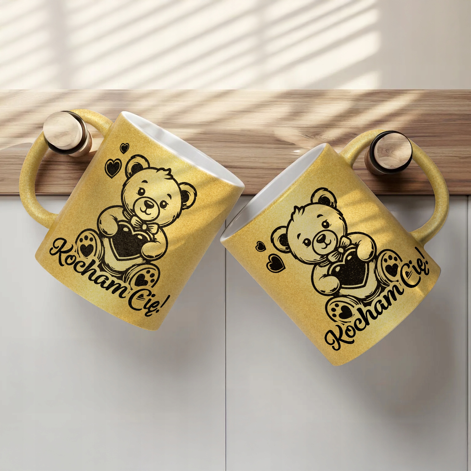 Złoty kubek brokatowy Walentynki Kocham Cię Miś Prezent