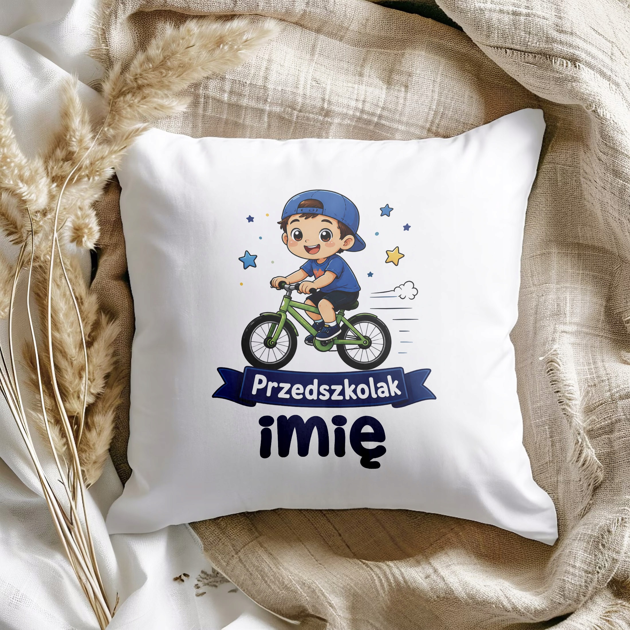 Zestaw Personalizowany Kubek Czarny Poduszka Przedszkolak Rower