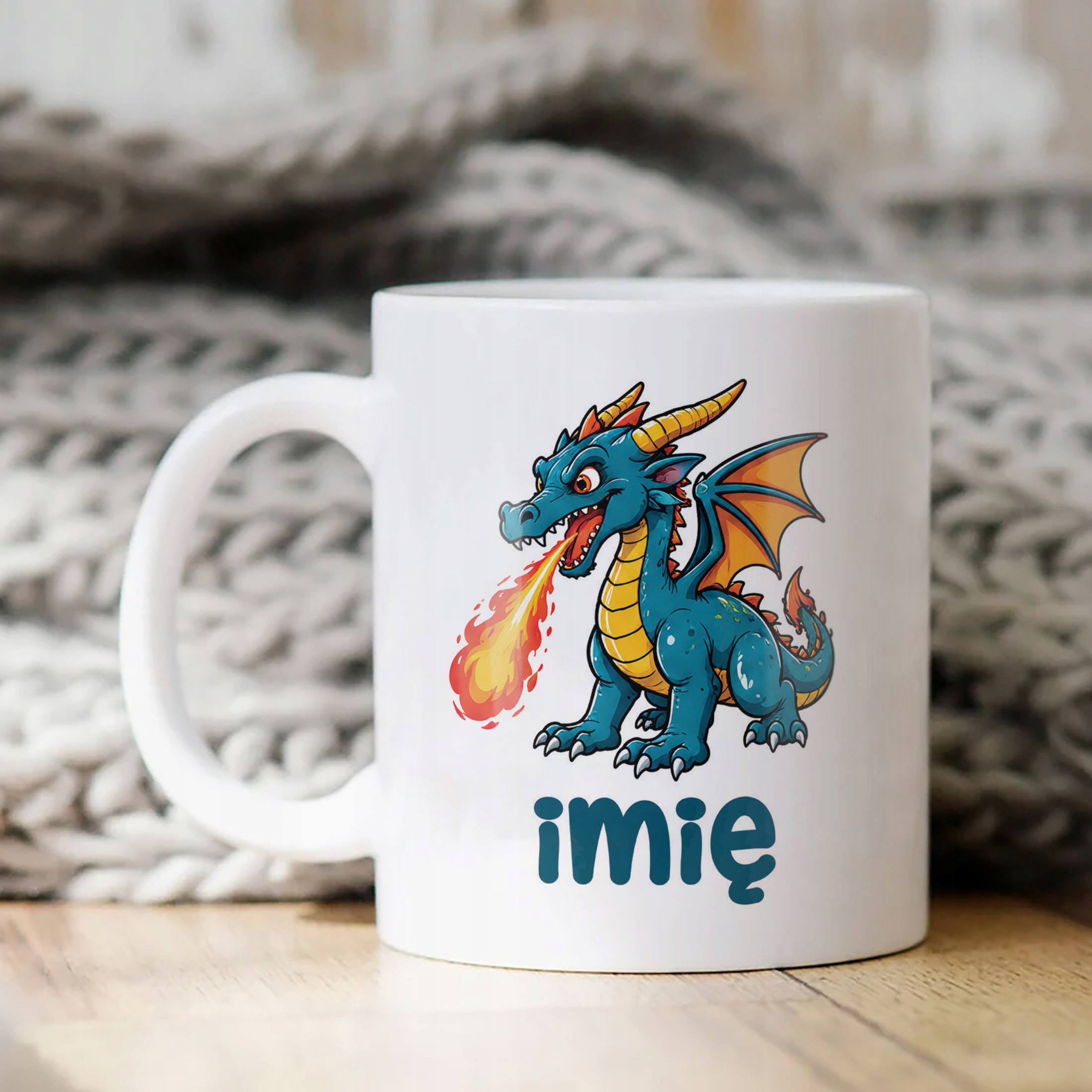 Biały Kubek z nadrukiem personalizowany Smok Dla Dzieci Prezent