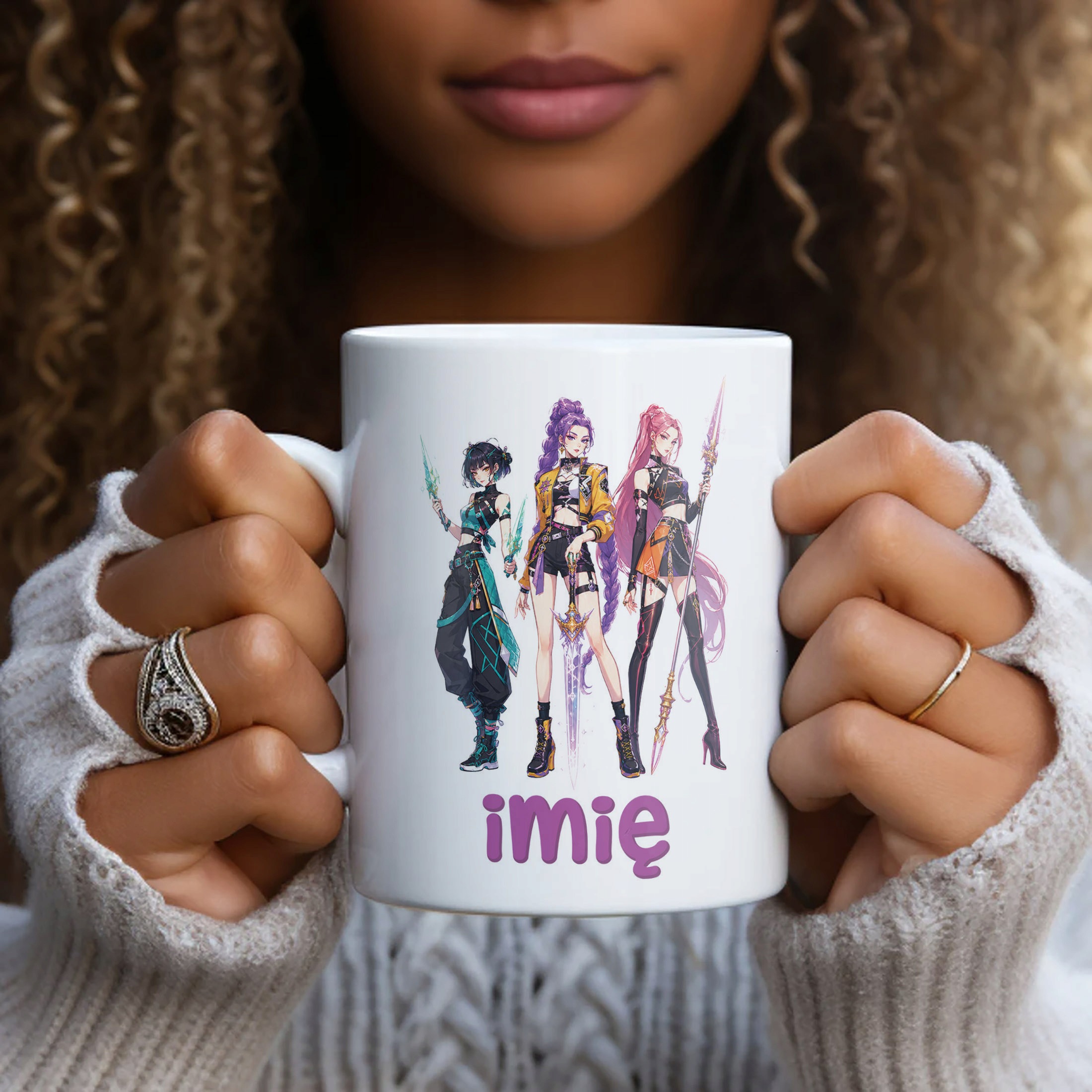 Biały Kubek z nadrukiem personalizowany ŁOWCZYNIE KPOP Dla Dzieci Prezent