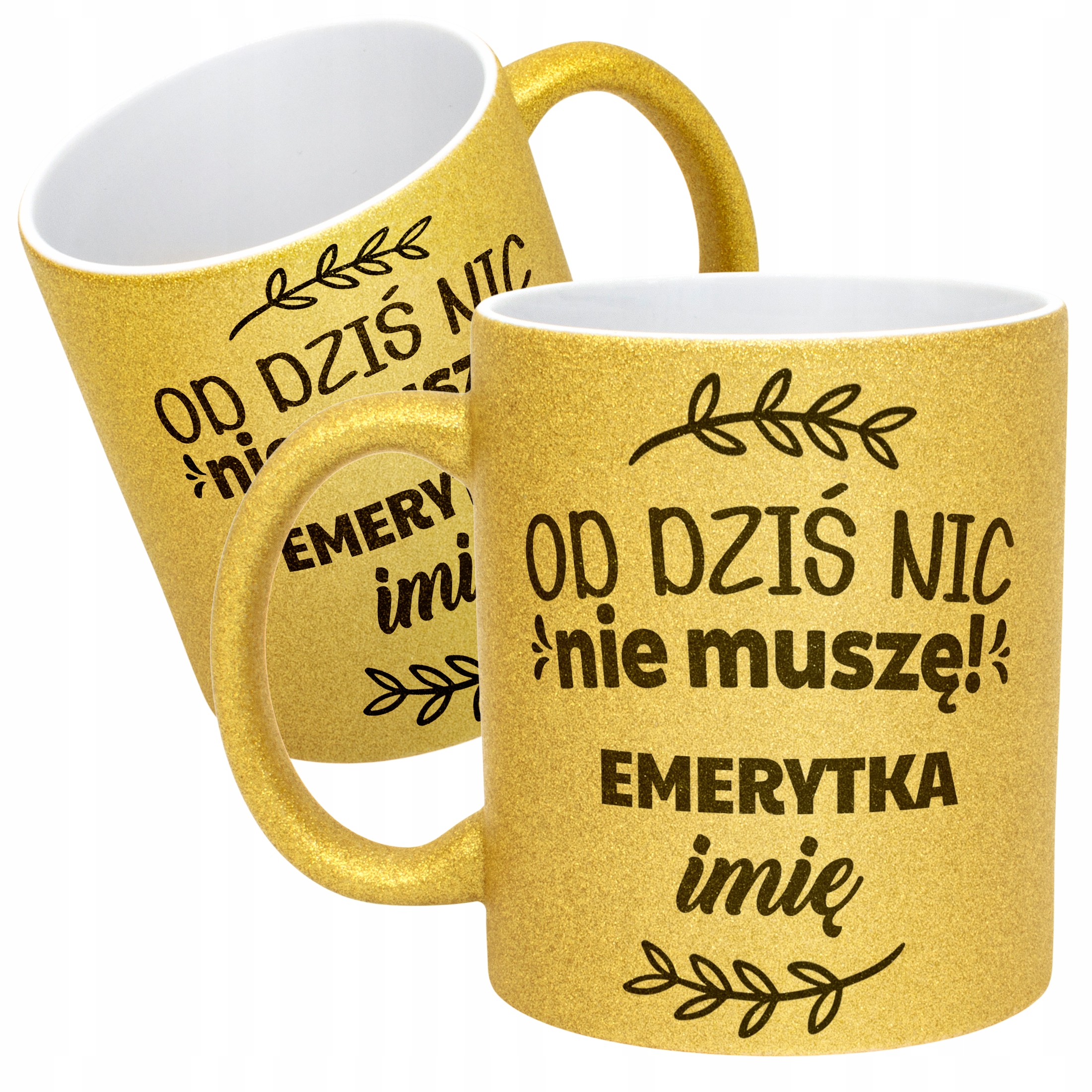 Złoty kubek brokatowy personalizowany Emerytura Dla Emerytki Prezent