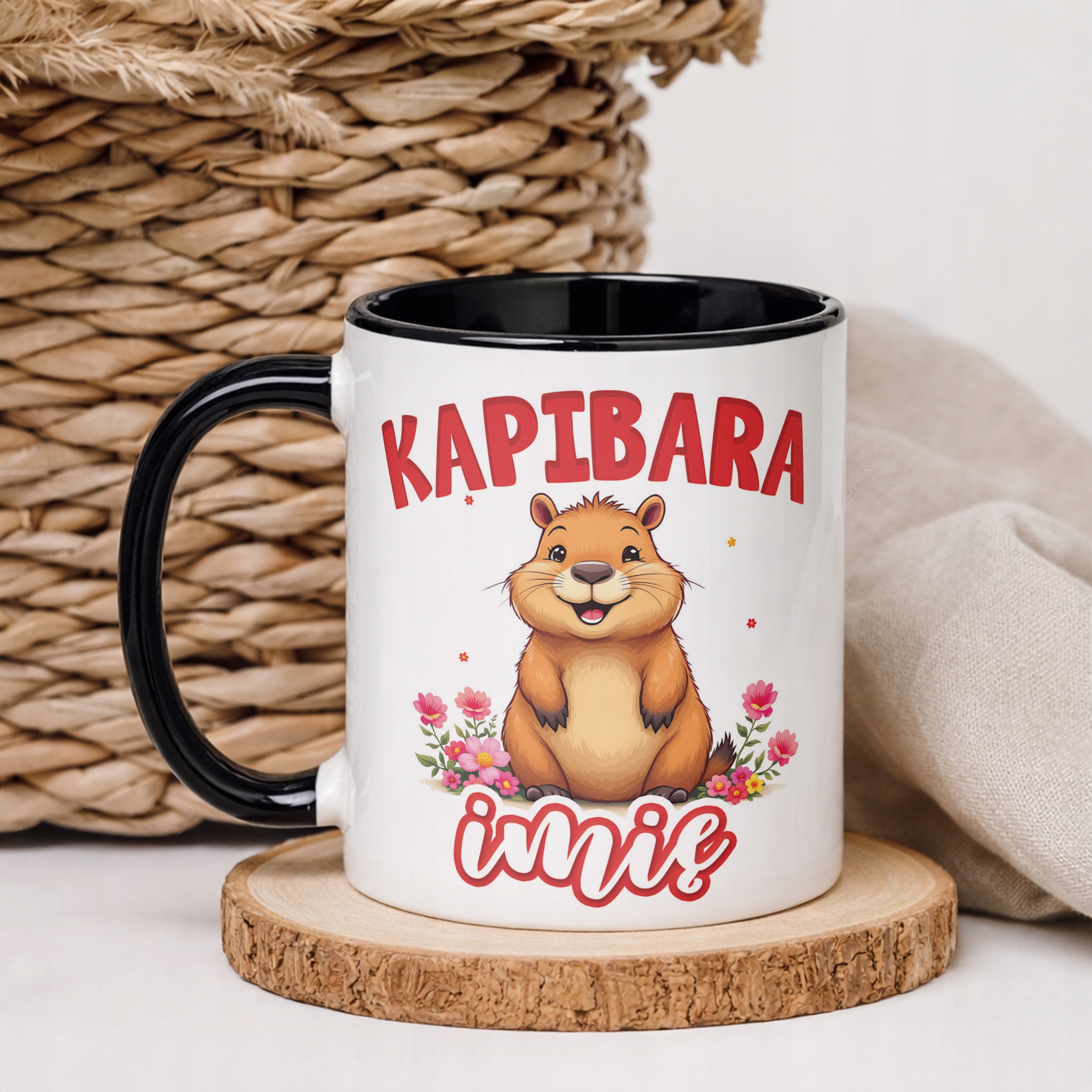 Kubek Czarny Personalizowany Kapibara Capybara Zwierzak Dla Dzieci
