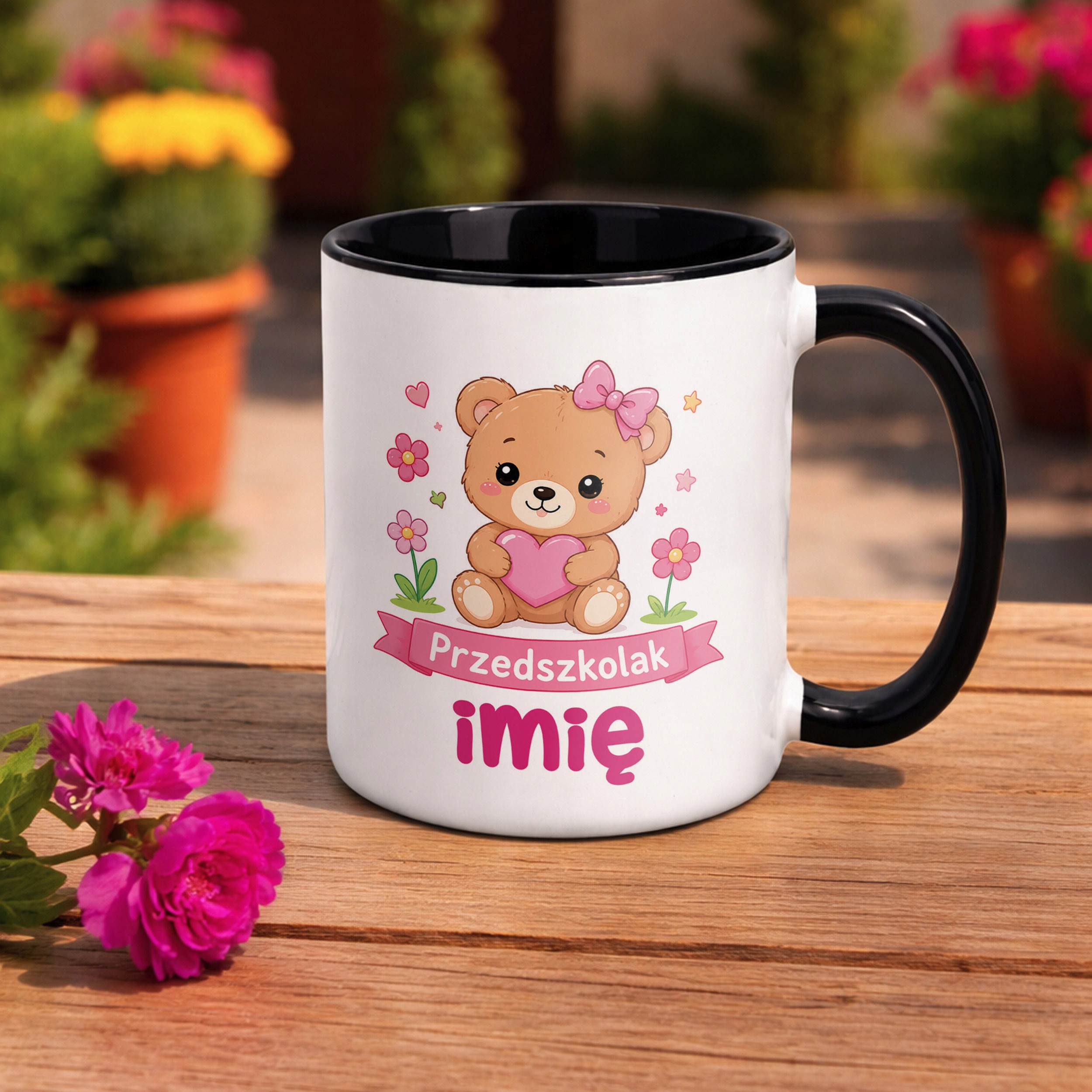 Zestaw Personalizowany Kubek Czarny Poduszka Przedszkolak Miś