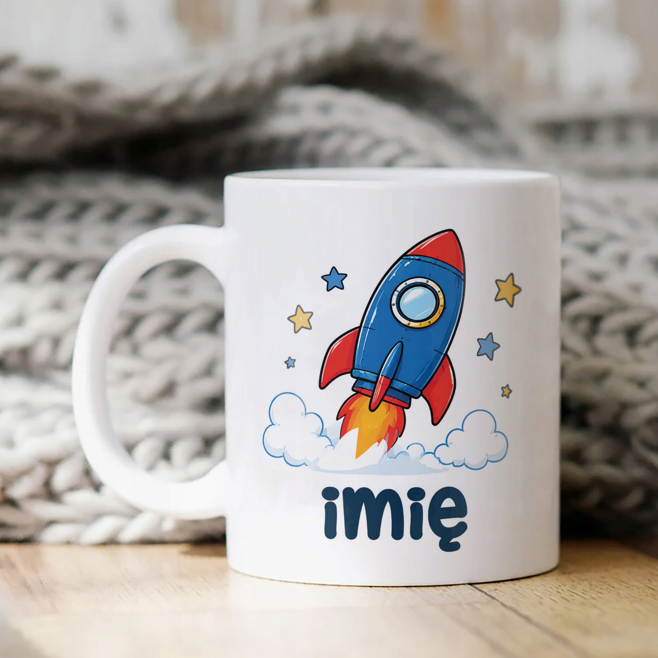 Biały Kubek z nadrukiem personalizowany Rakieta Dla Dzieci Prezent