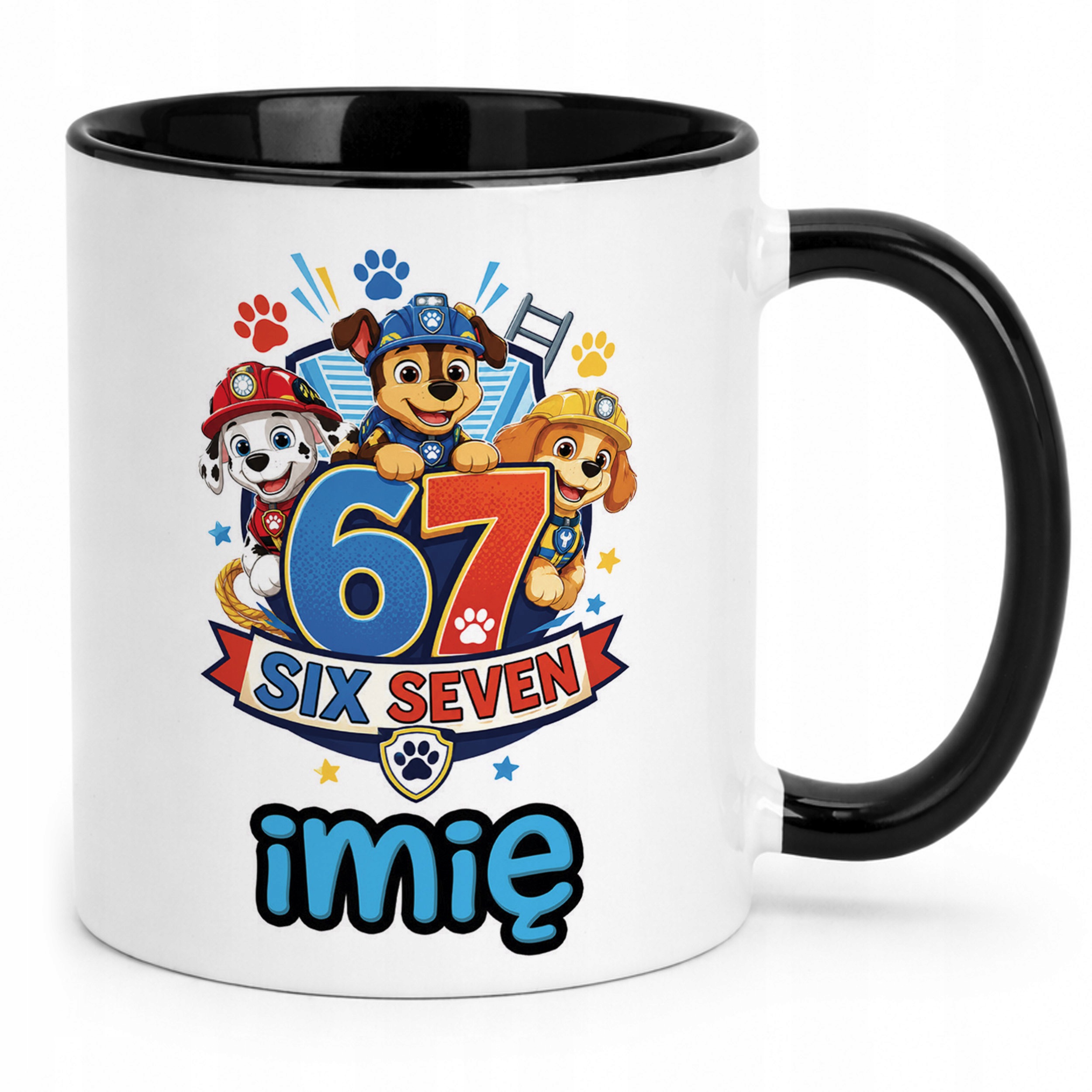 Zestaw Personalizowany Kubek Czarny Poduszka Pies 67 Six Seven