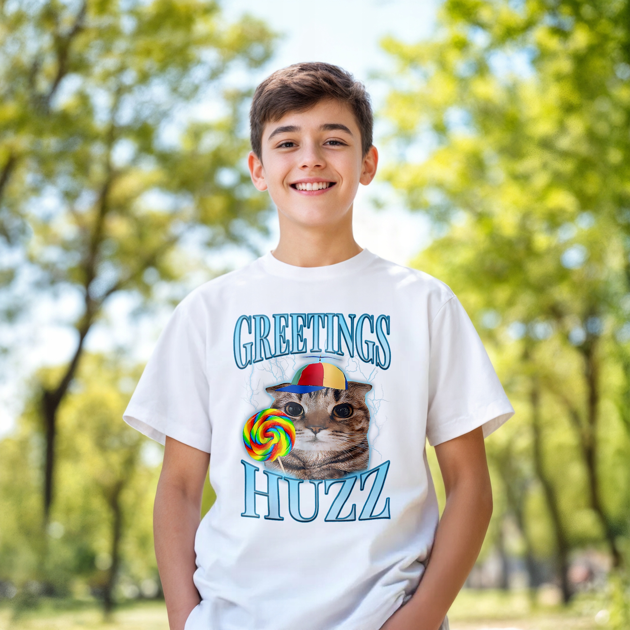 Koszulka biała dziecięca Greetings Huzz viral tiktok brainrot mem