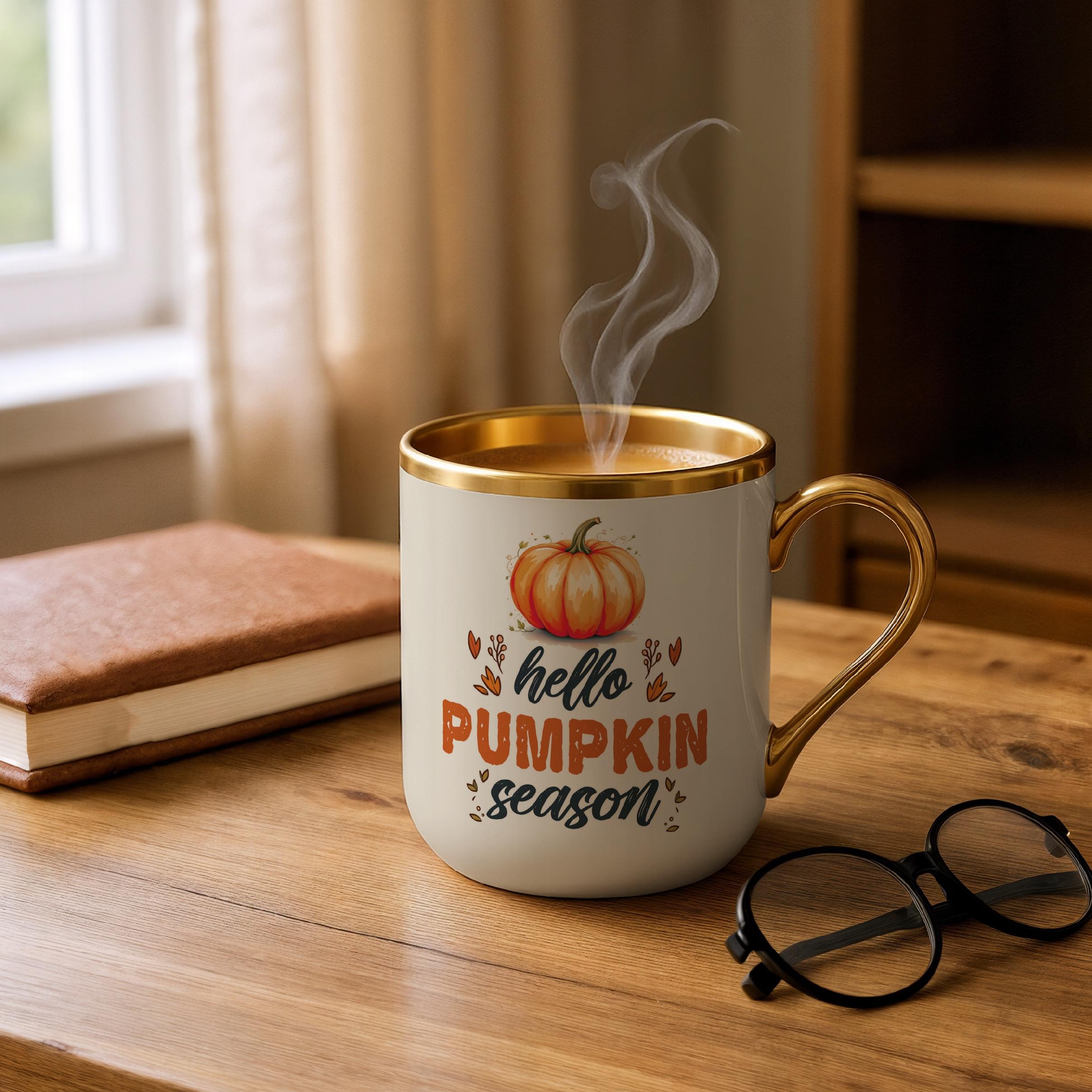 Kubek Premium Złoty Ecru Jesienny Jesień Hello Pumpkin Dynia Prezent