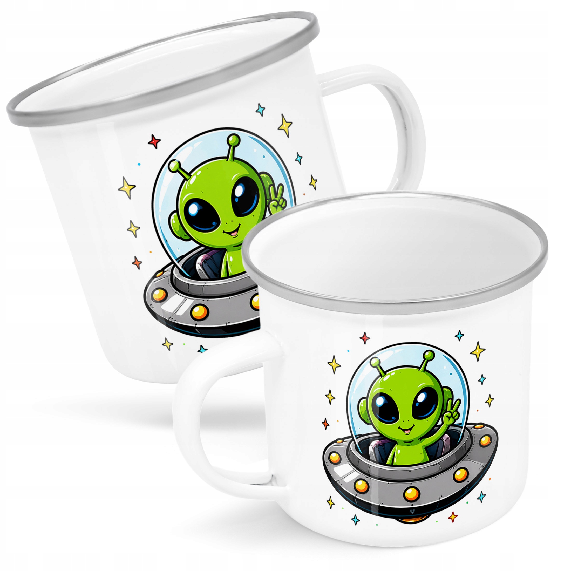 Kubek Emaliowany Kosmita UFO z Nadrukiem Biały Metalowy Prezent