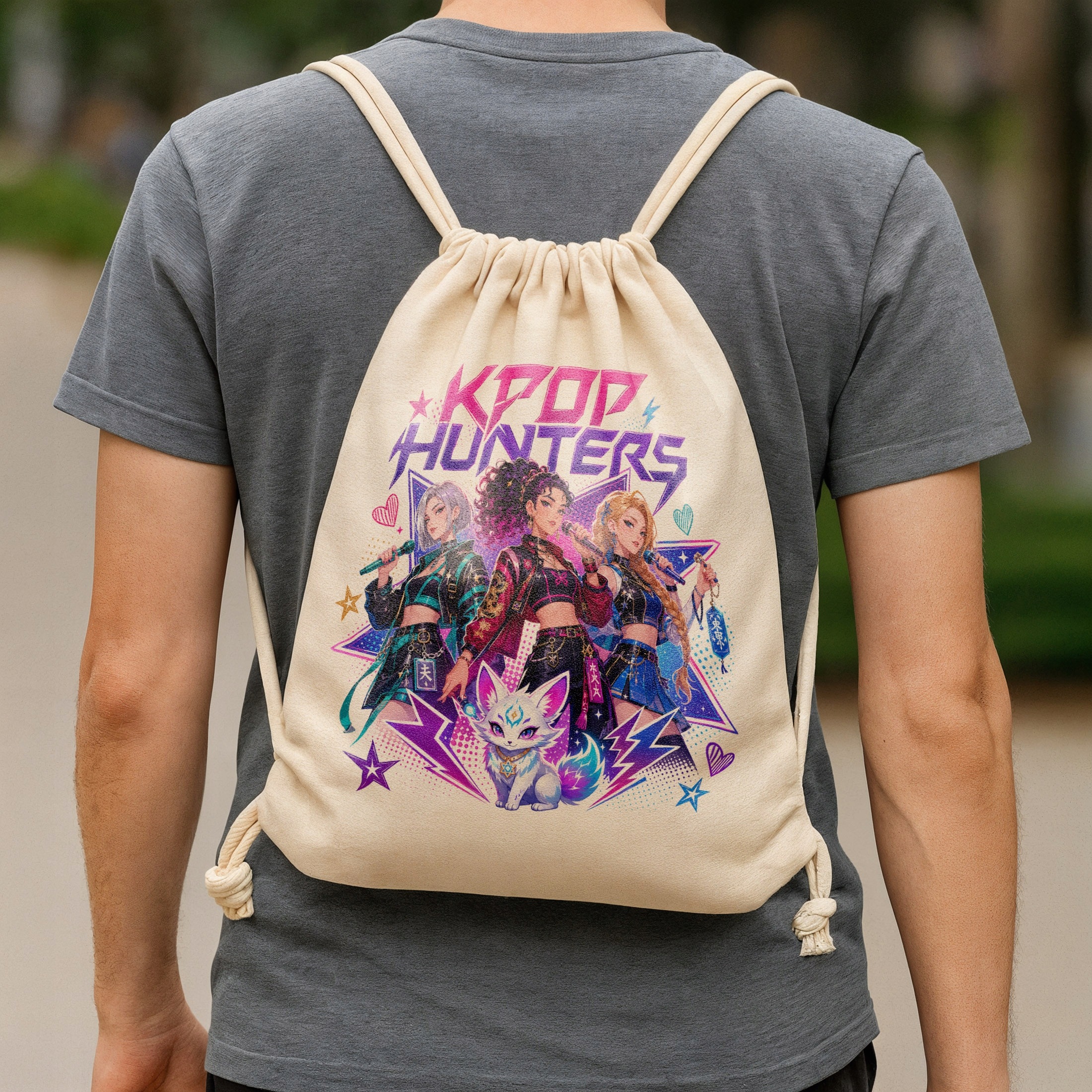 Zestaw Plecak Worek Kubek Czarny Z Nadrukiem ŁOWCZYNIE KPOP Dla Dzieci