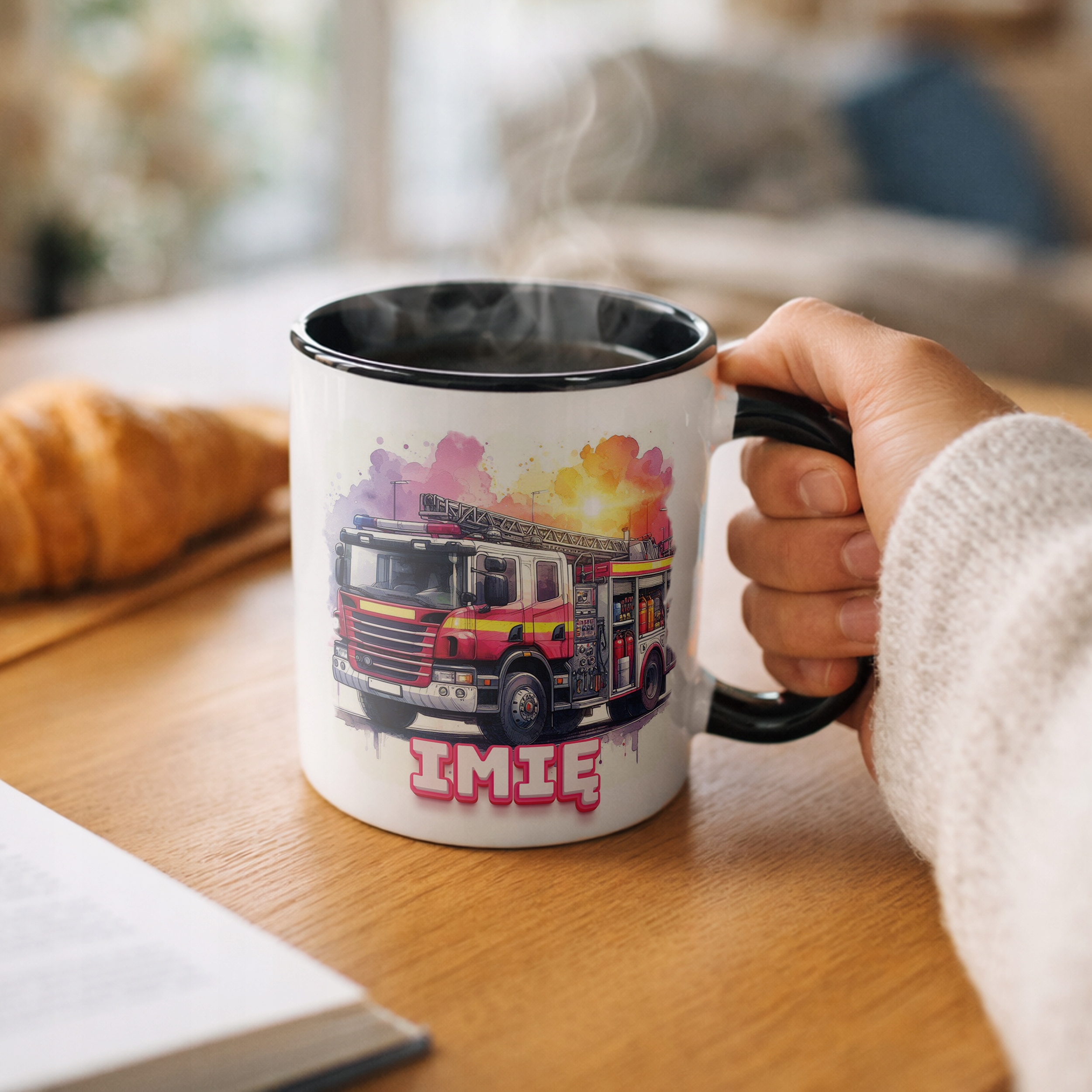 Kubek Czarny Personalizowany Dla Strażaka Wóz Strażacki Prezent