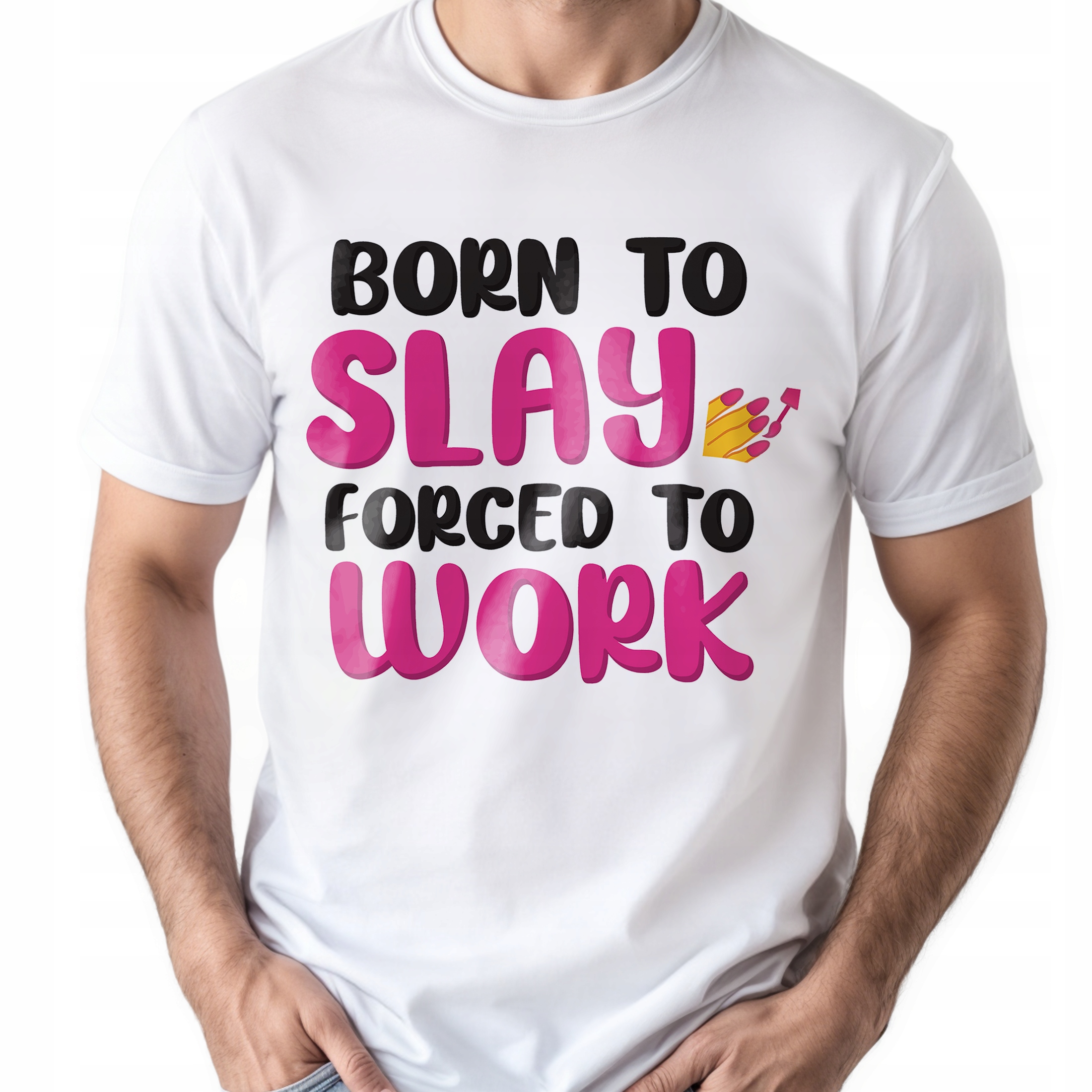 Koszulka biała męska Born To Slay Forced To Work Zabawny Prezent r. 3XL