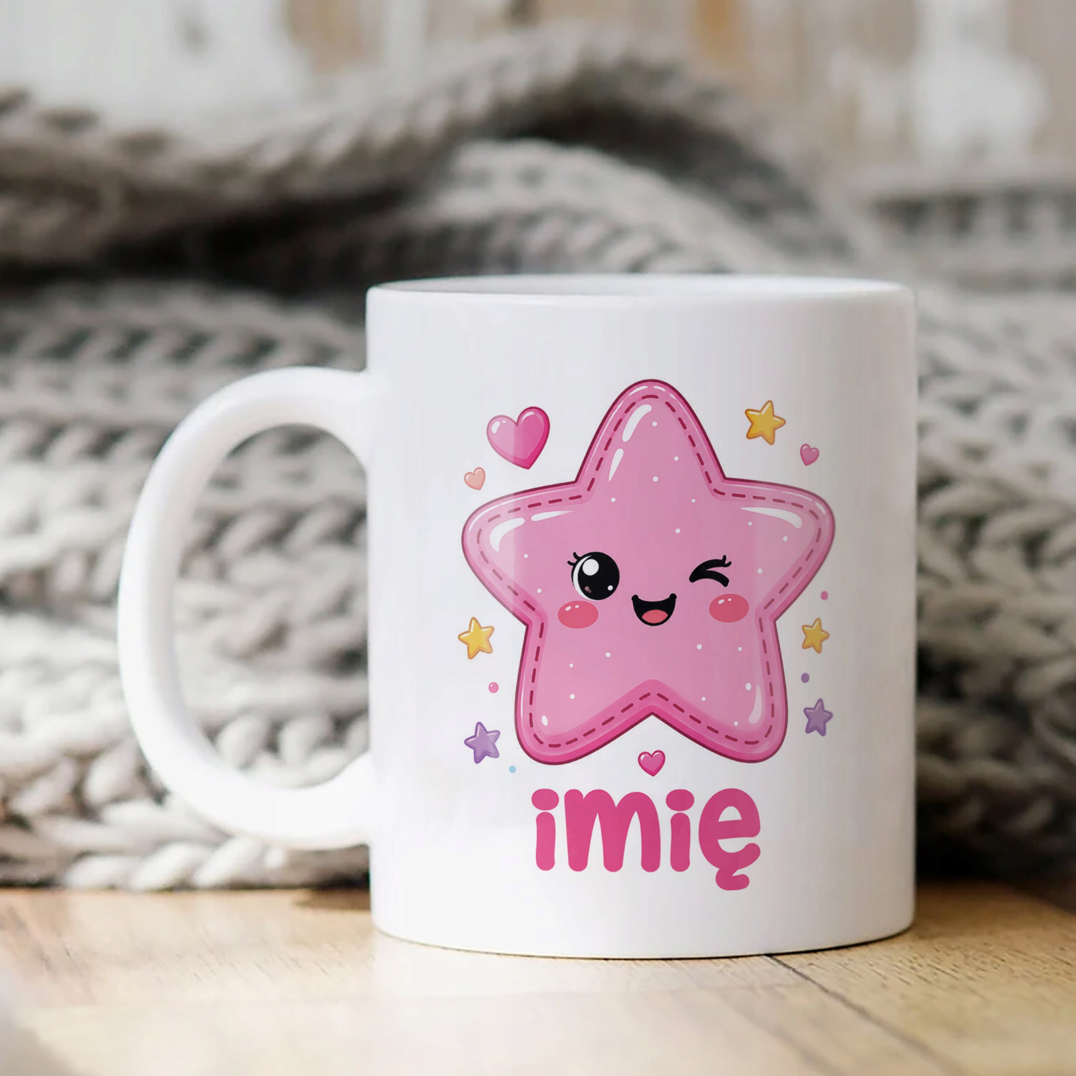 Biały Kubek z nadrukiem personalizowany Kawaii Gwiazdka Dla Dzieci Prezent