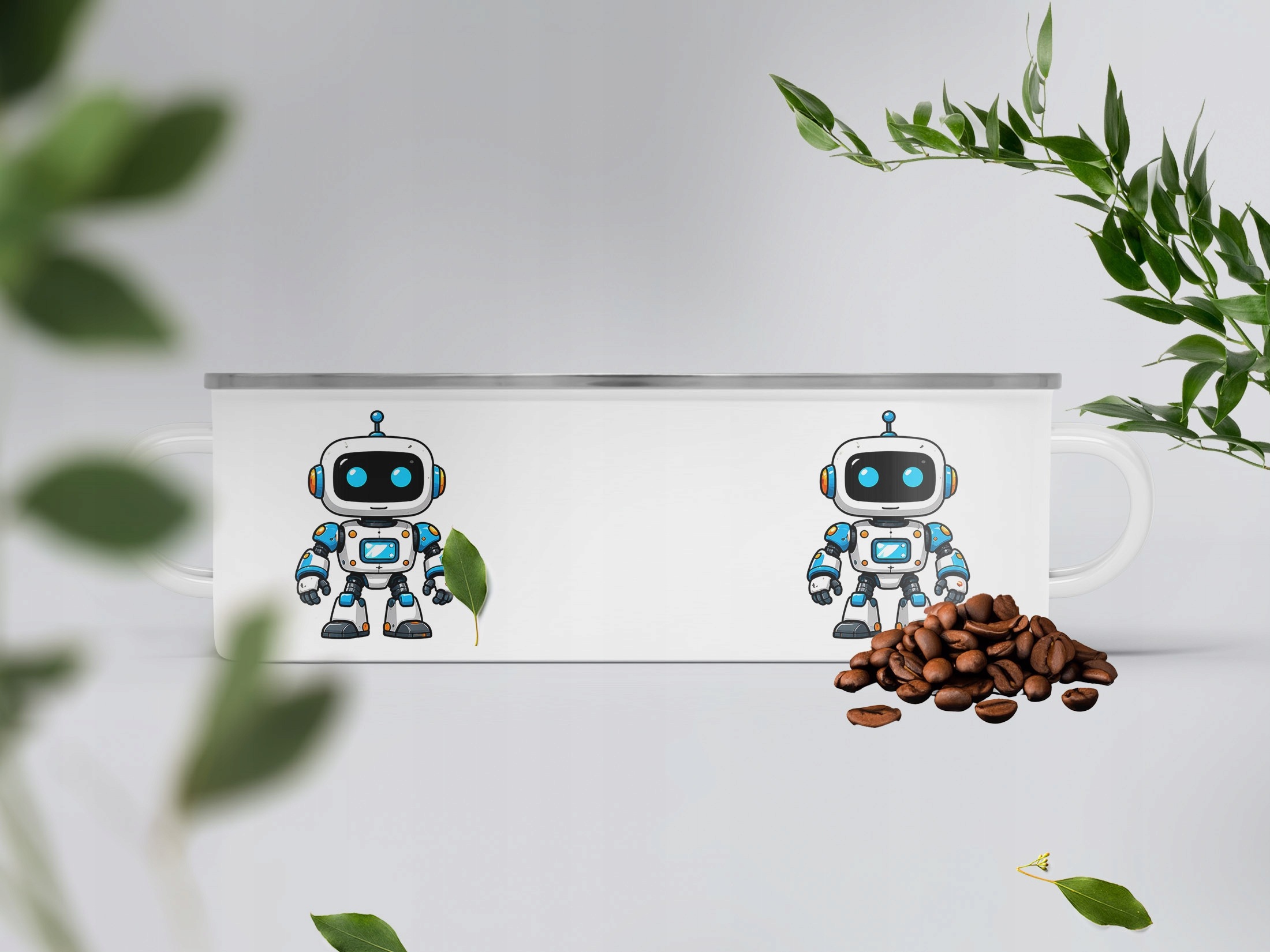 Kubek Emaliowany Robot z Nadrukiem Biały Metalowy Prezent