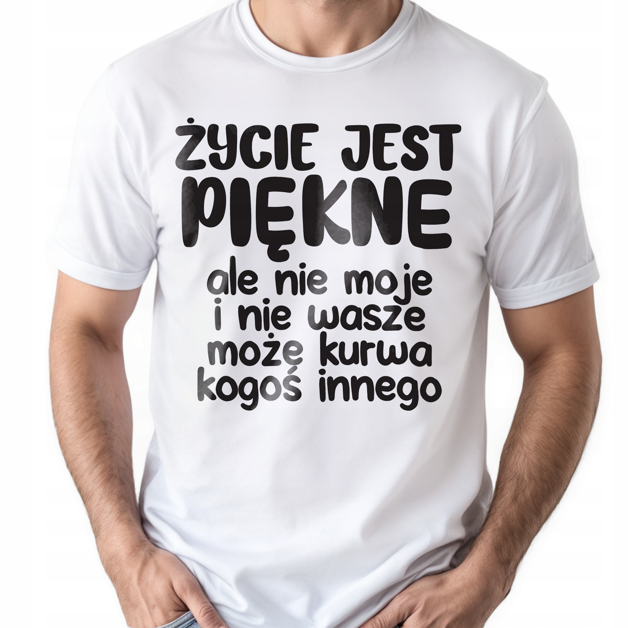 Koszulka biała męska Życie Jest Piękne Zabawny Prezent r. 3XL