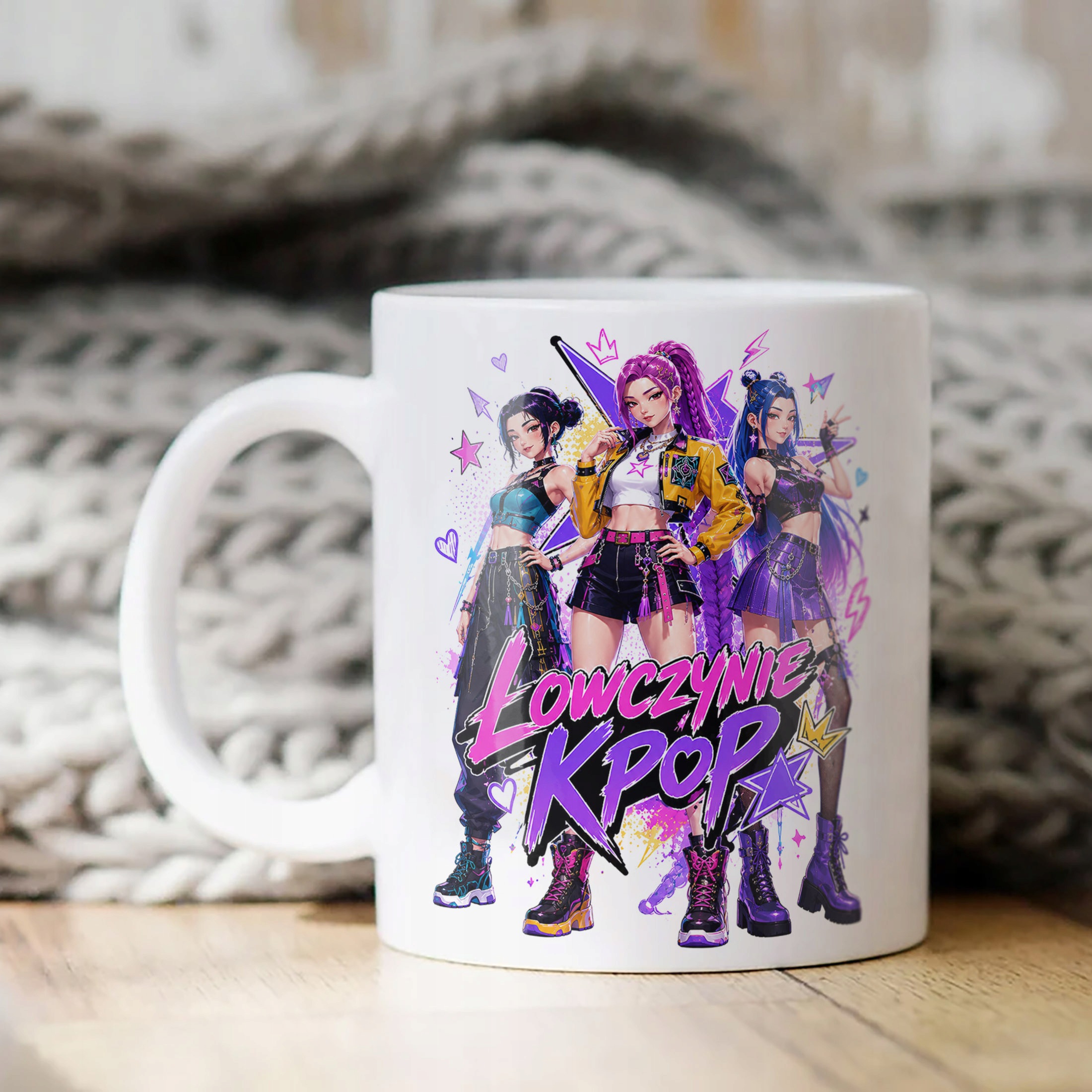 Biały Kubek z nadrukiem ŁOWCZYNIE KPOP Dla Dzieci Prezent Upominek