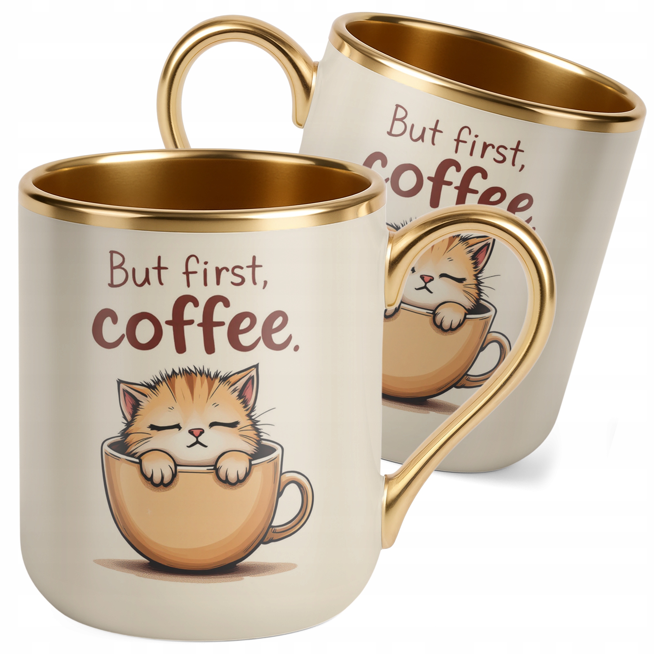 Kubek Premium Złoty Ecru But First Coffee Kawa Kot Dla Kociary Prezent