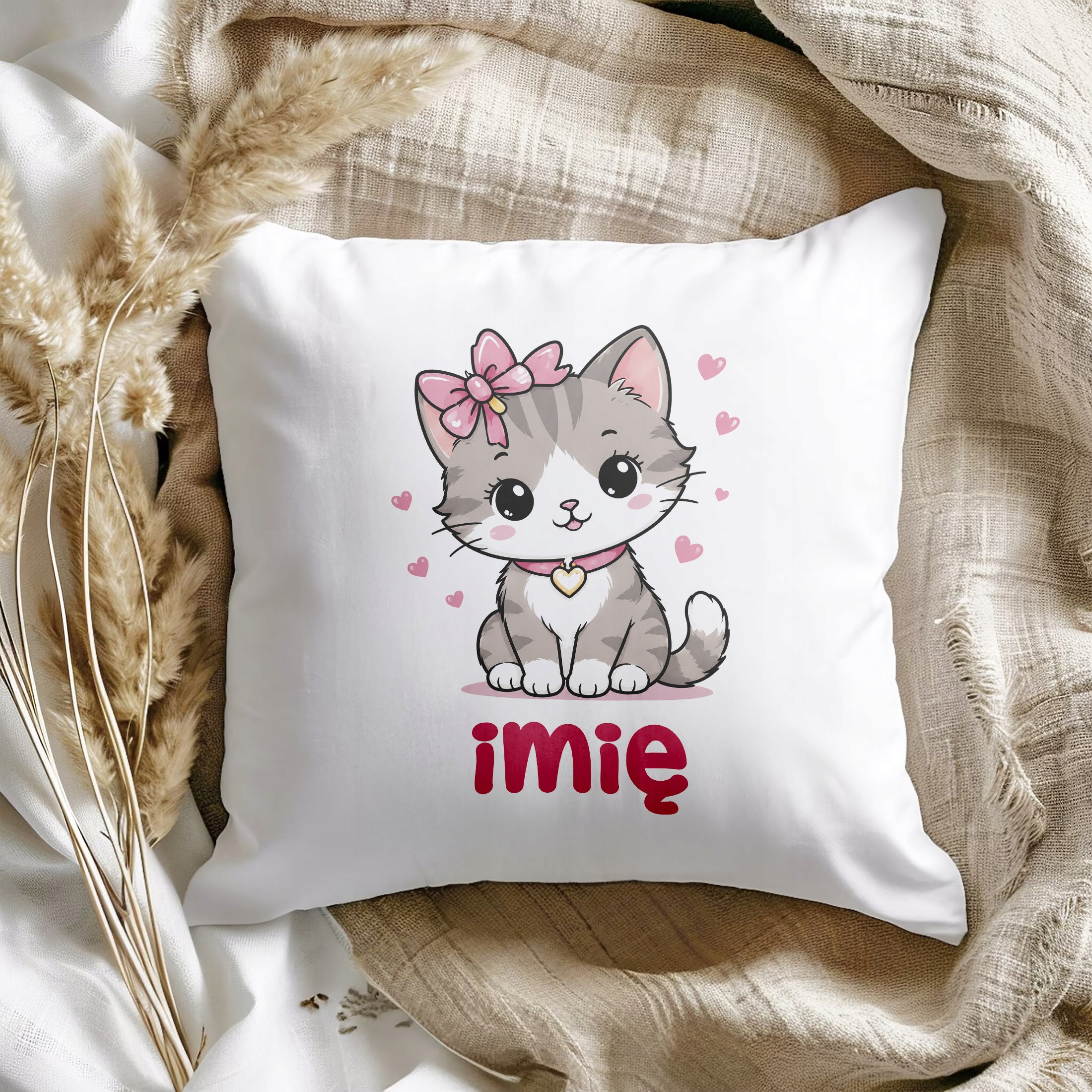 Zestaw Personalizowany Kubek Różowy Poduszka Kotek Prezent