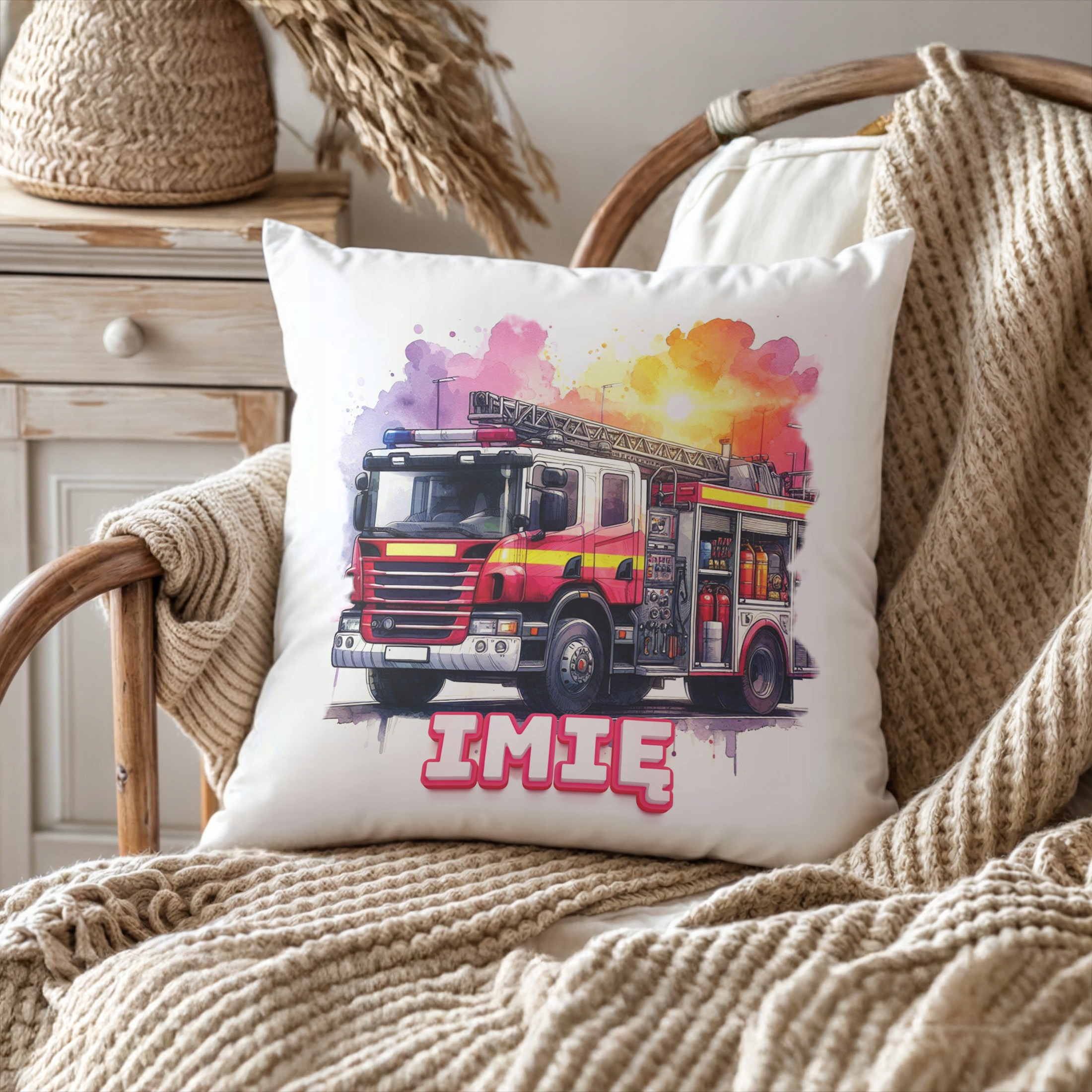 Zestaw Personalizowany Kubek + Poduszka 38×38 cm Dla Strażaka Wóz Strażacki