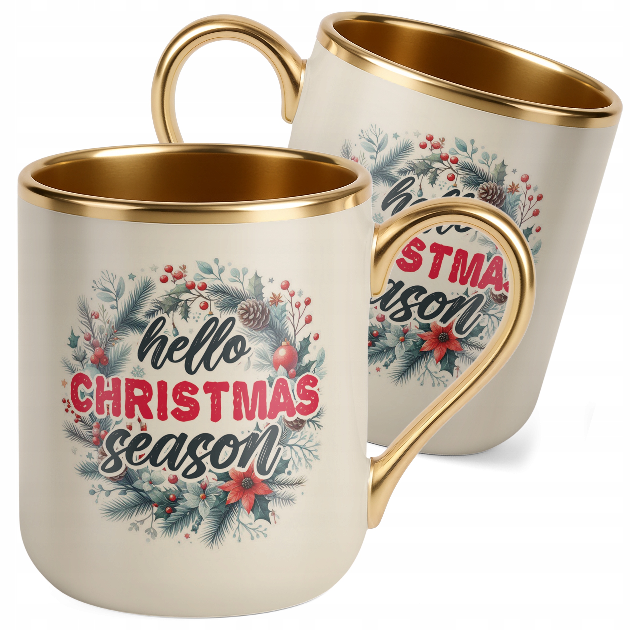 Kubek Premium Złoty Ecru Świąteczny Hello Christmas Boże Narodzenie