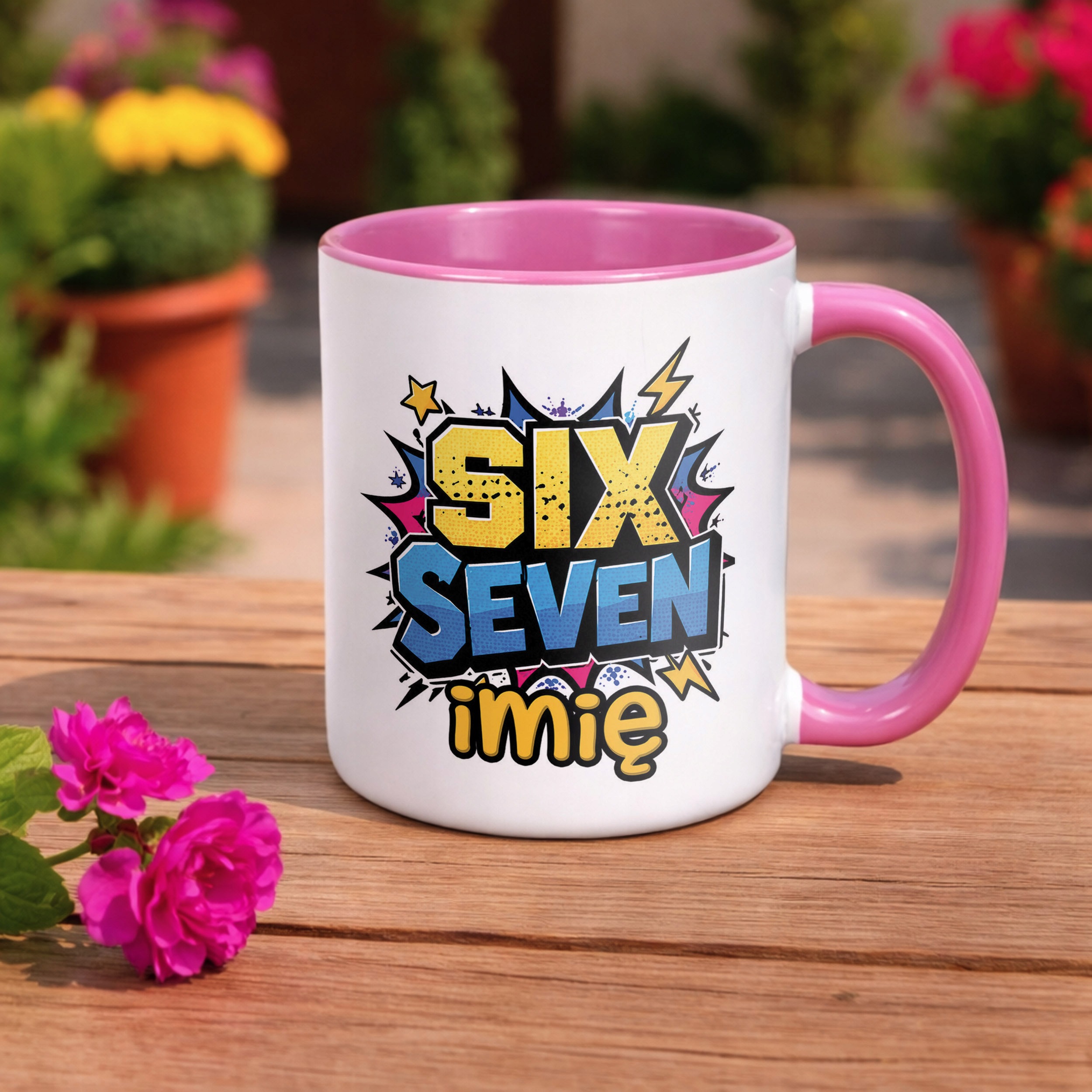 Zestaw Personalizowany Kubek Różowy Poduszka 67 Six Seven Prezent