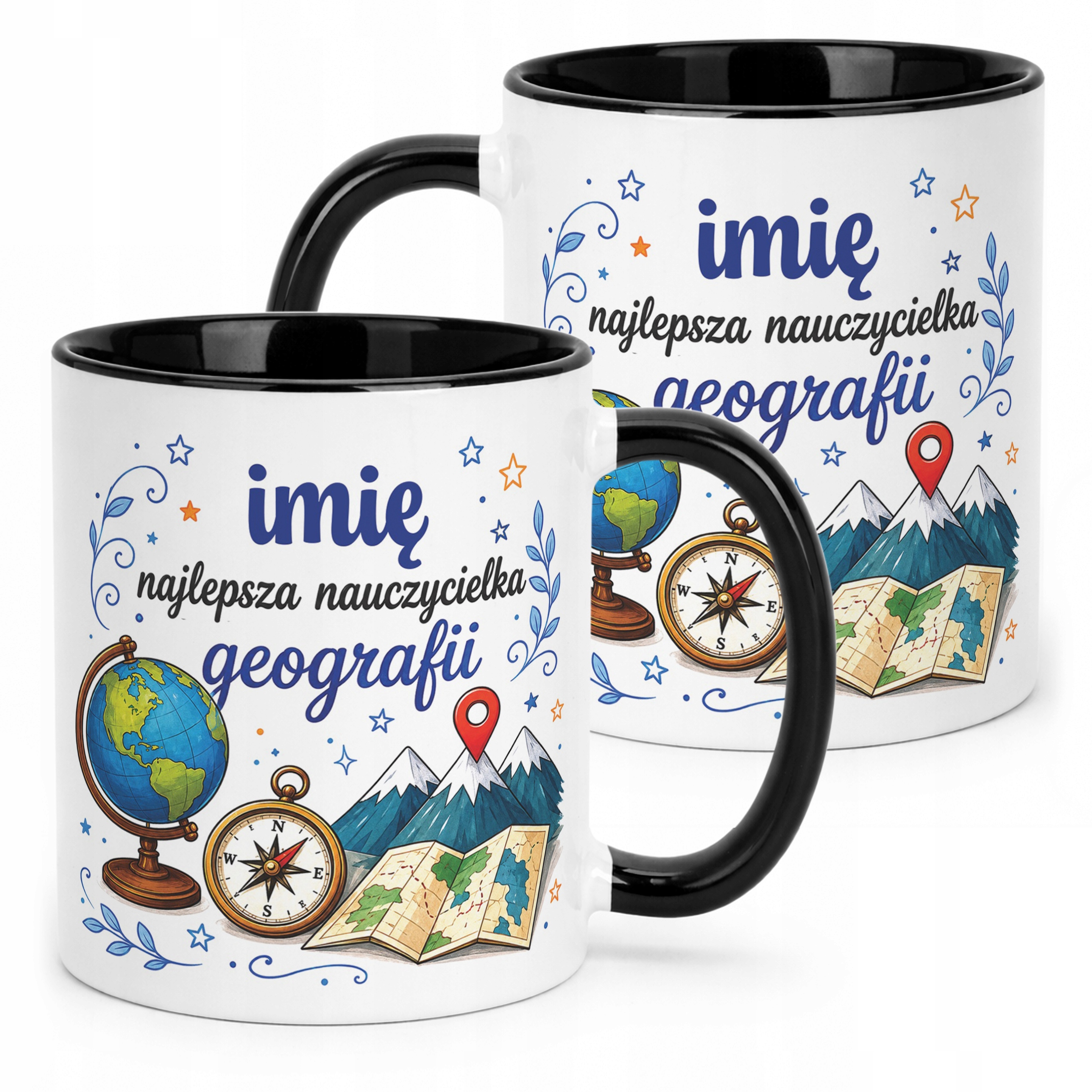 Kubek Czarny z Imieniem Dzień Nauczyciela Geografia Prezent