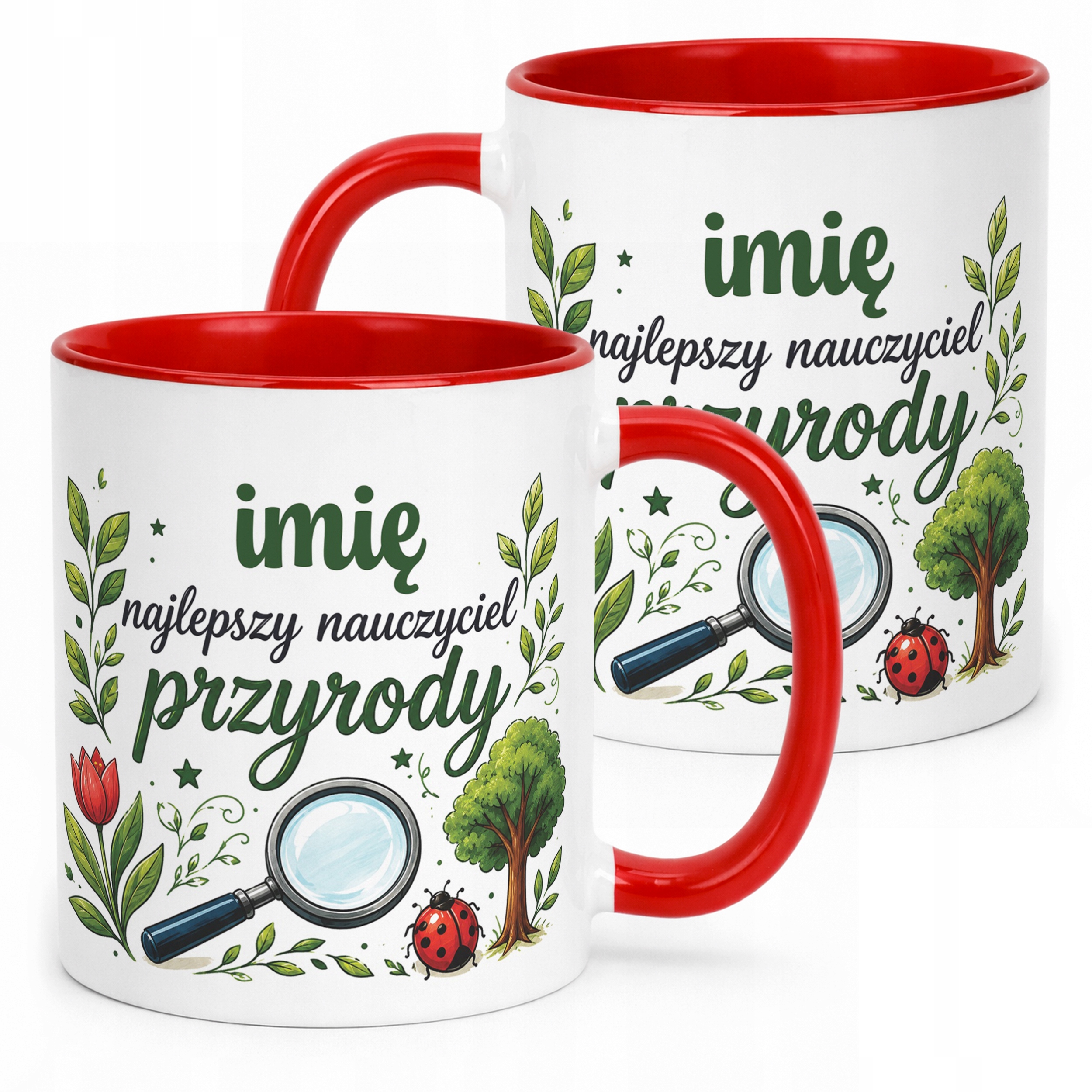 Kubek Czerwony z Imieniem Dzień Nauczyciela Przyroda Prezent
