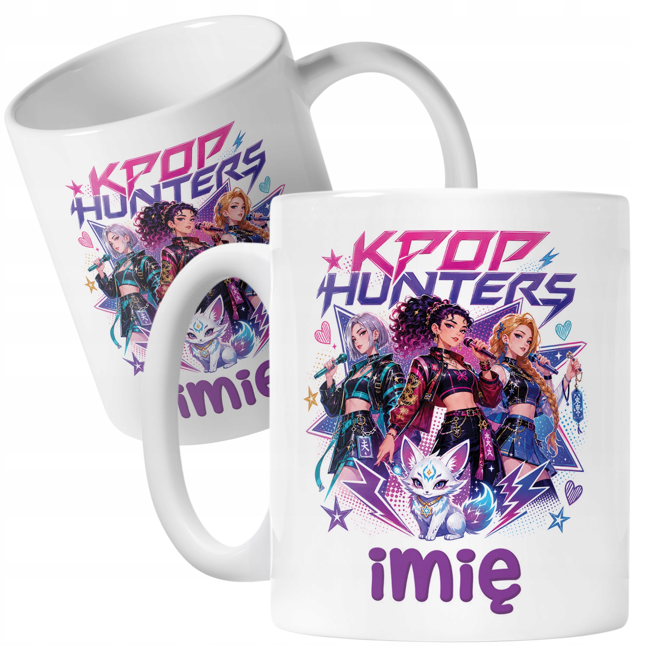 Biały Kubek z nadrukiem personalizowany ŁOWCZYNIE KPOP Dla Dzieci Prezent
