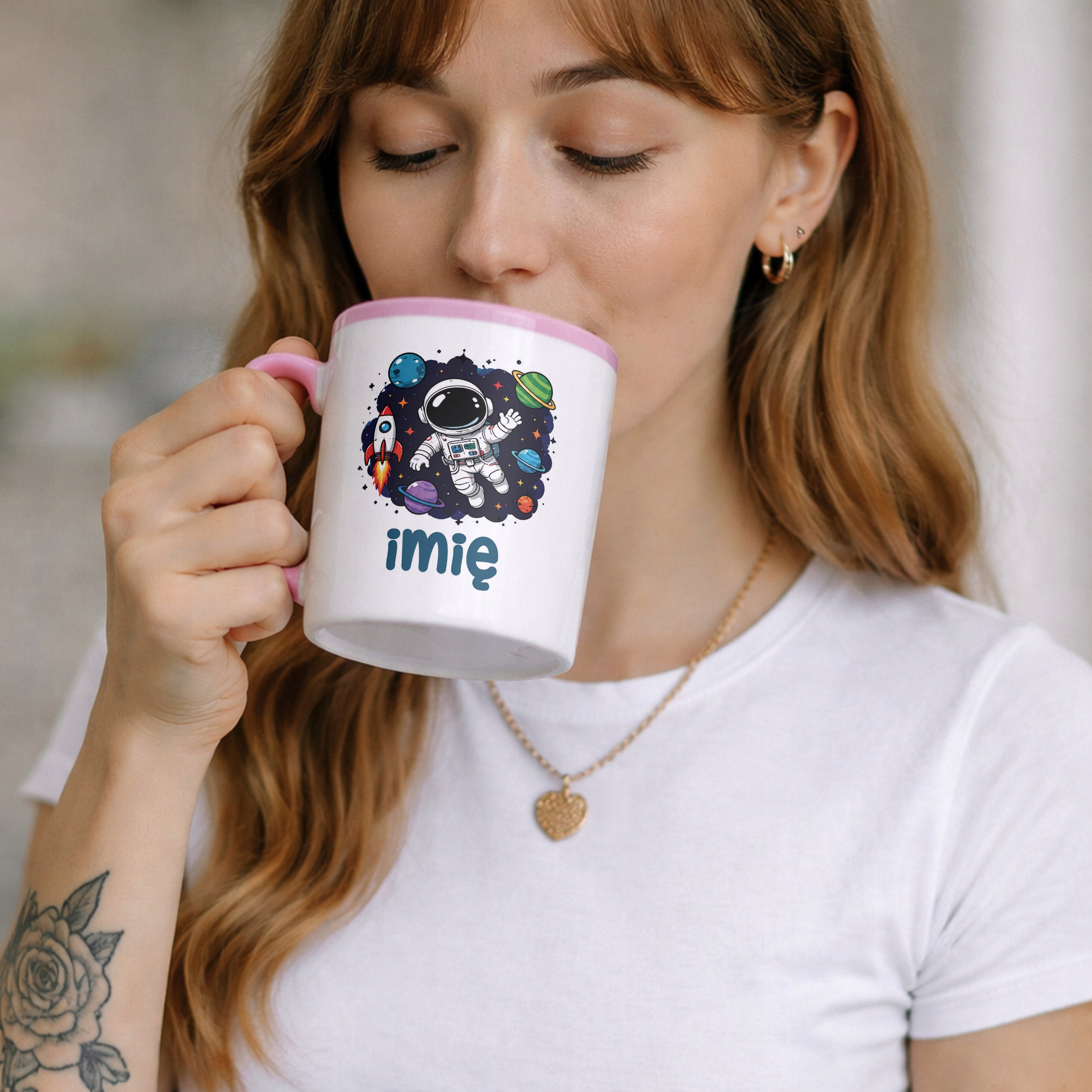 Zestaw Personalizowany Kubek Różowy Poduszka Astronauta Prezent