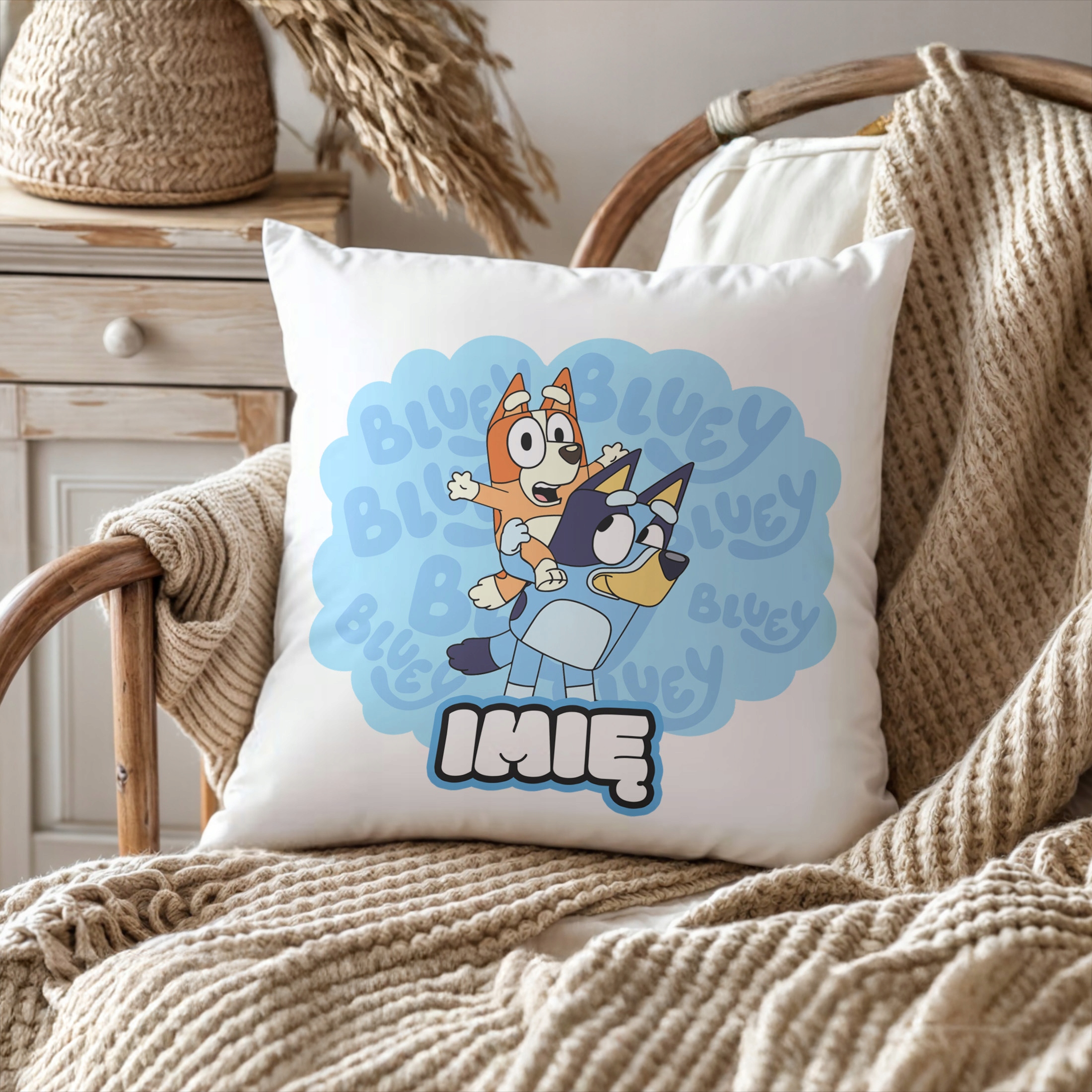 Zestaw Personalizowany Kubek + Poduszka 38×38 cm Dla Fanów Bajki Bluey
