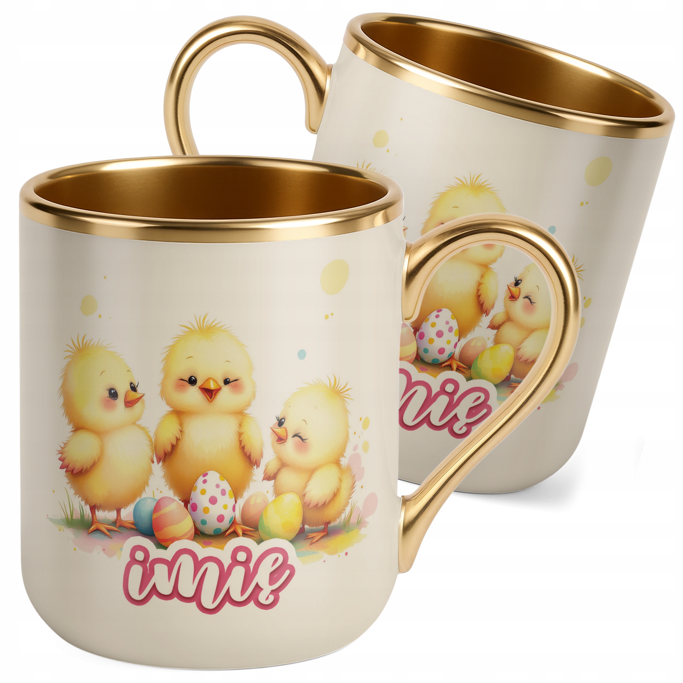 Kubek Premium Złoty Ecru Personalizowany Wielkanoc Kurczaki Pisanki