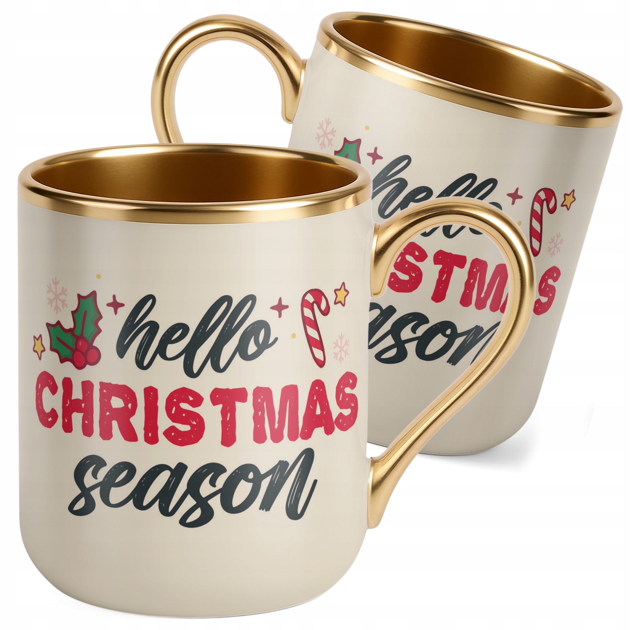 Kubek Premium Złoty Ecru Świąteczny Hello Christmas Boże Narodzenie