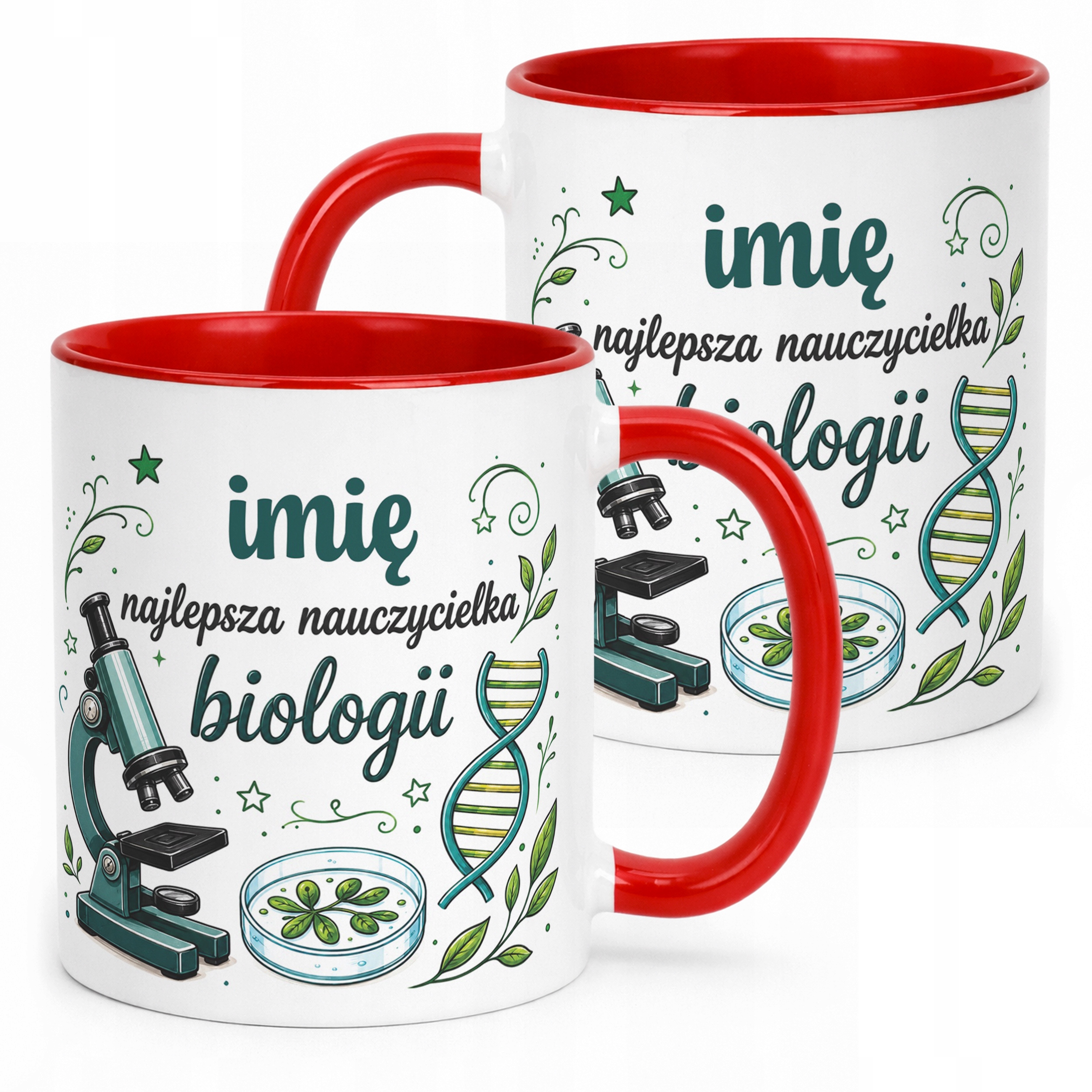 Kubek Czerwony z Imieniem Dzień Nauczyciela Biologia Prezent