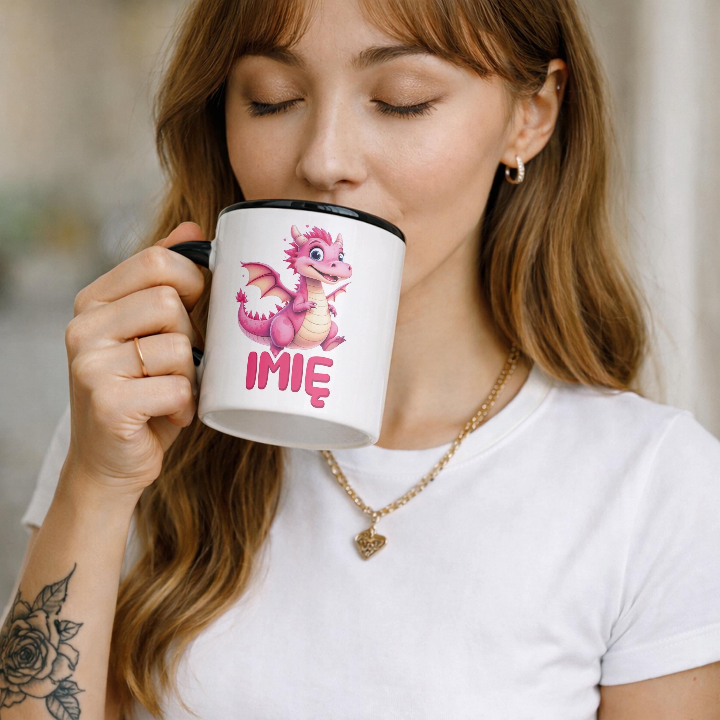 Kubek Czarny Personalizowany Smok Zwierzak Słodki Dla Dzieci