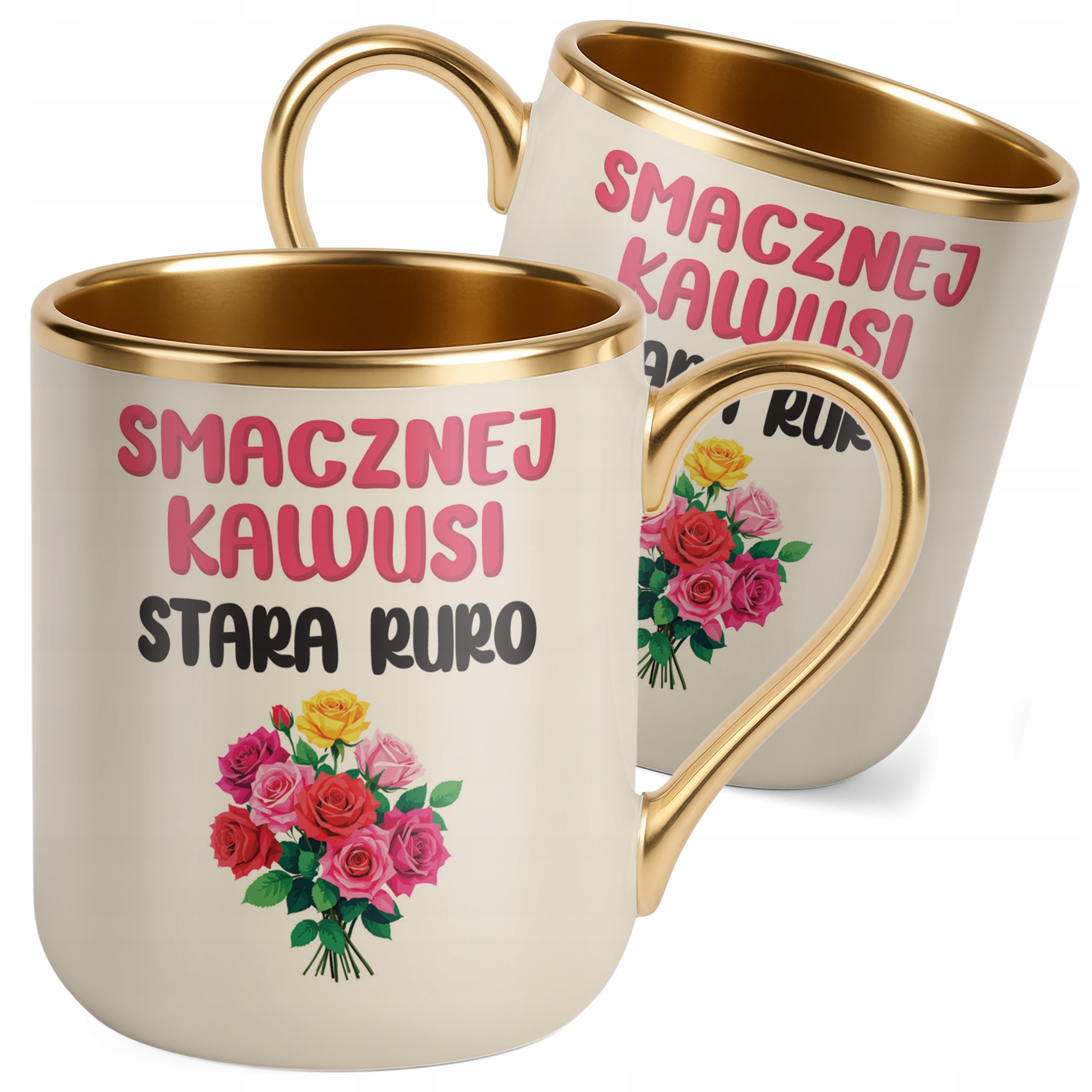 Kubek Premium Złoty Ecru Smacznej Kawusi Stara Ruro Śmieszny Zabawny