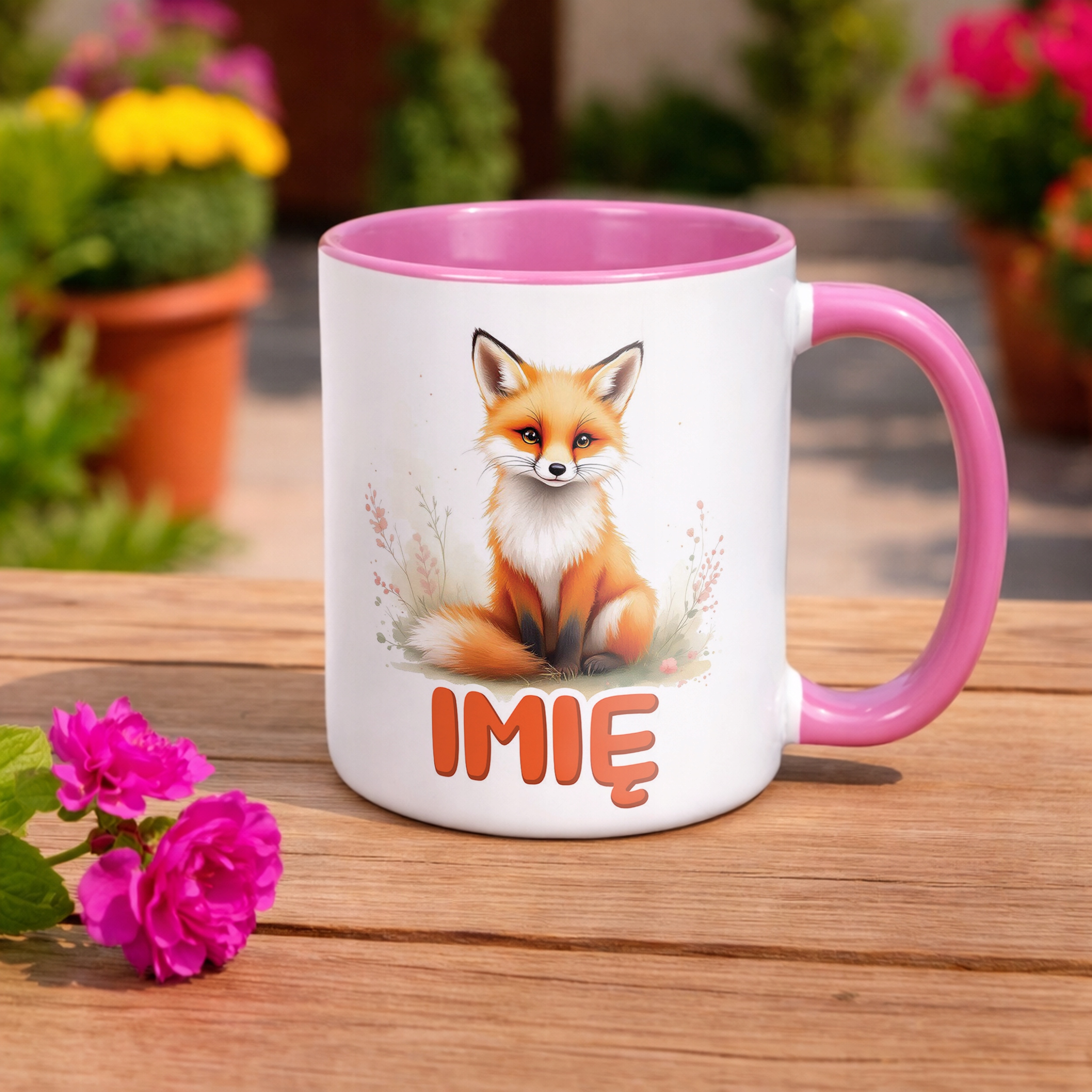 Kubek Różowy Personalizowany Lis Zwierzak Słodki Dla Dzieci