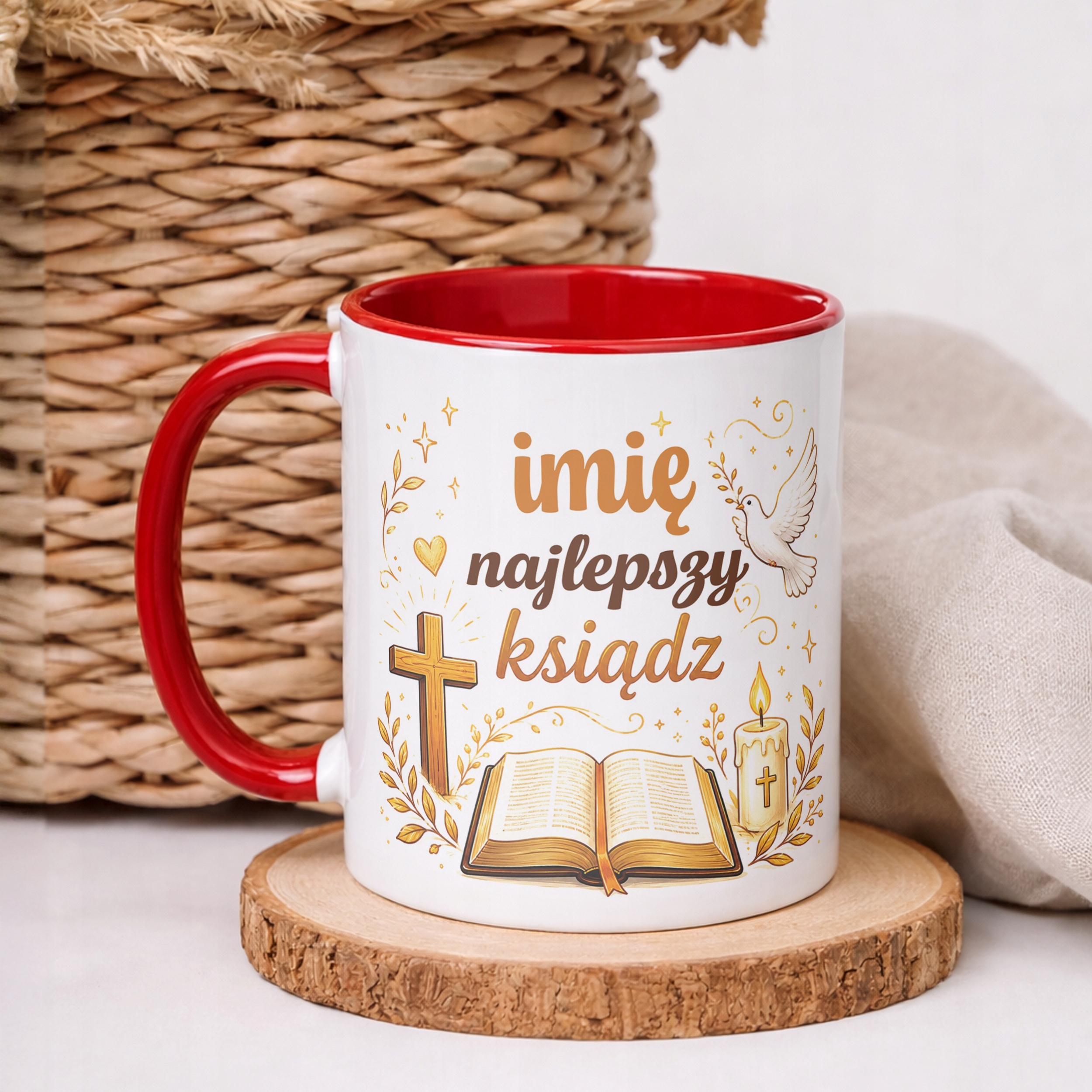 Kubek Czerwony z Imieniem Dzień Nauczyciela Dla Księdza Prezent