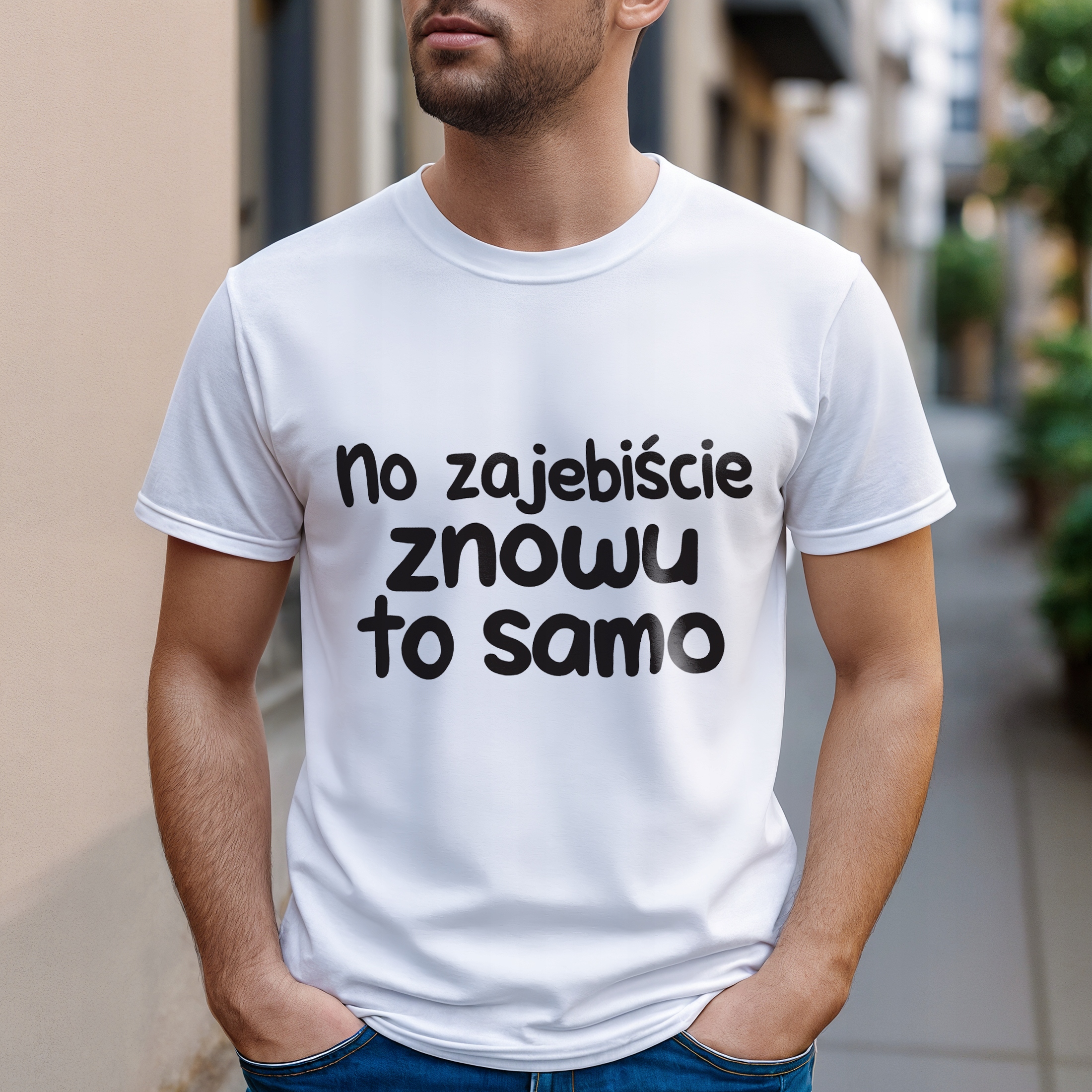 Koszulka biała męska No Zaje*iście Znowu To Samo Zabawny Prezent r. 3XL