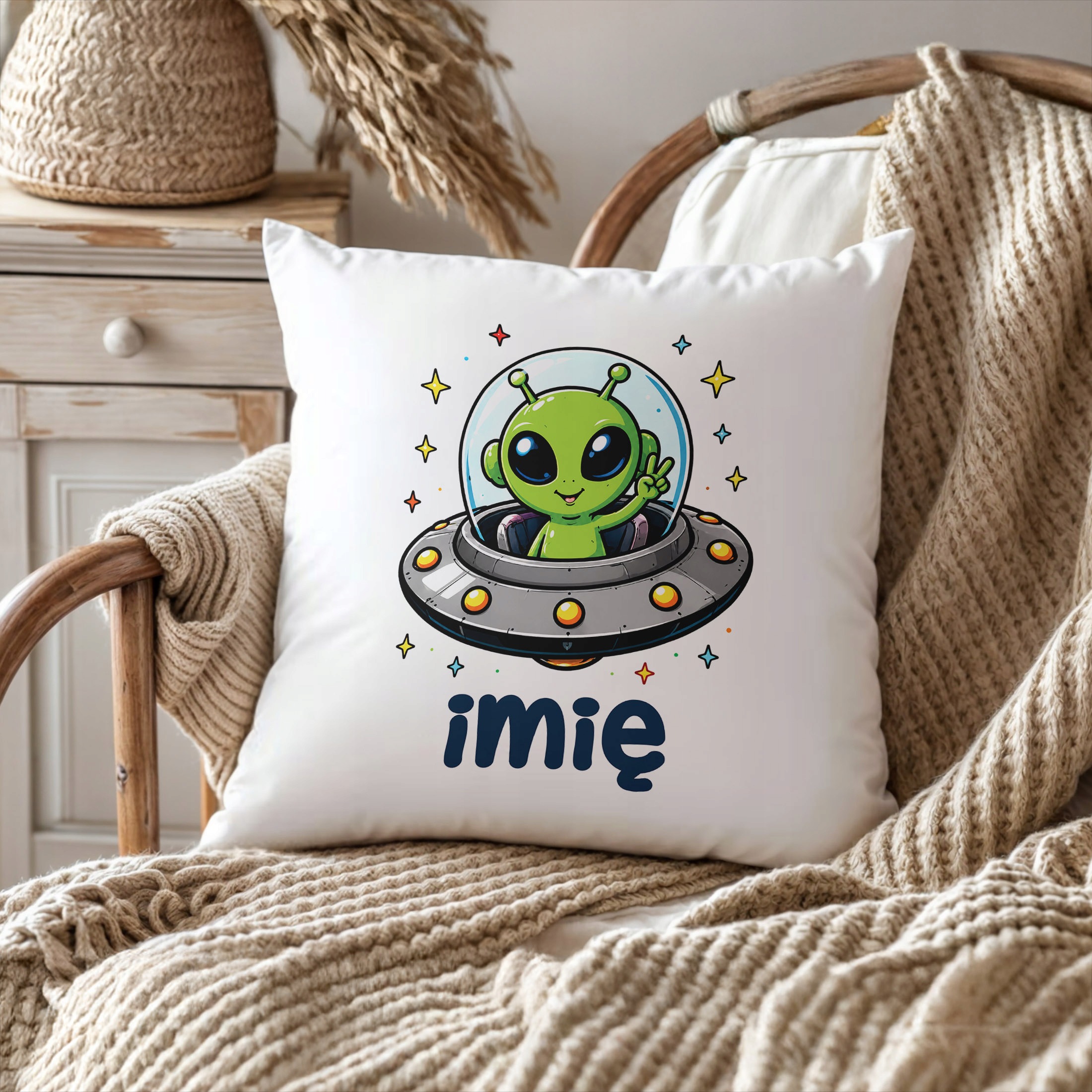 Poduszka Jasiek Personalizowana z nadrukiem 38x38cm Kosmita Ufo Prezent
