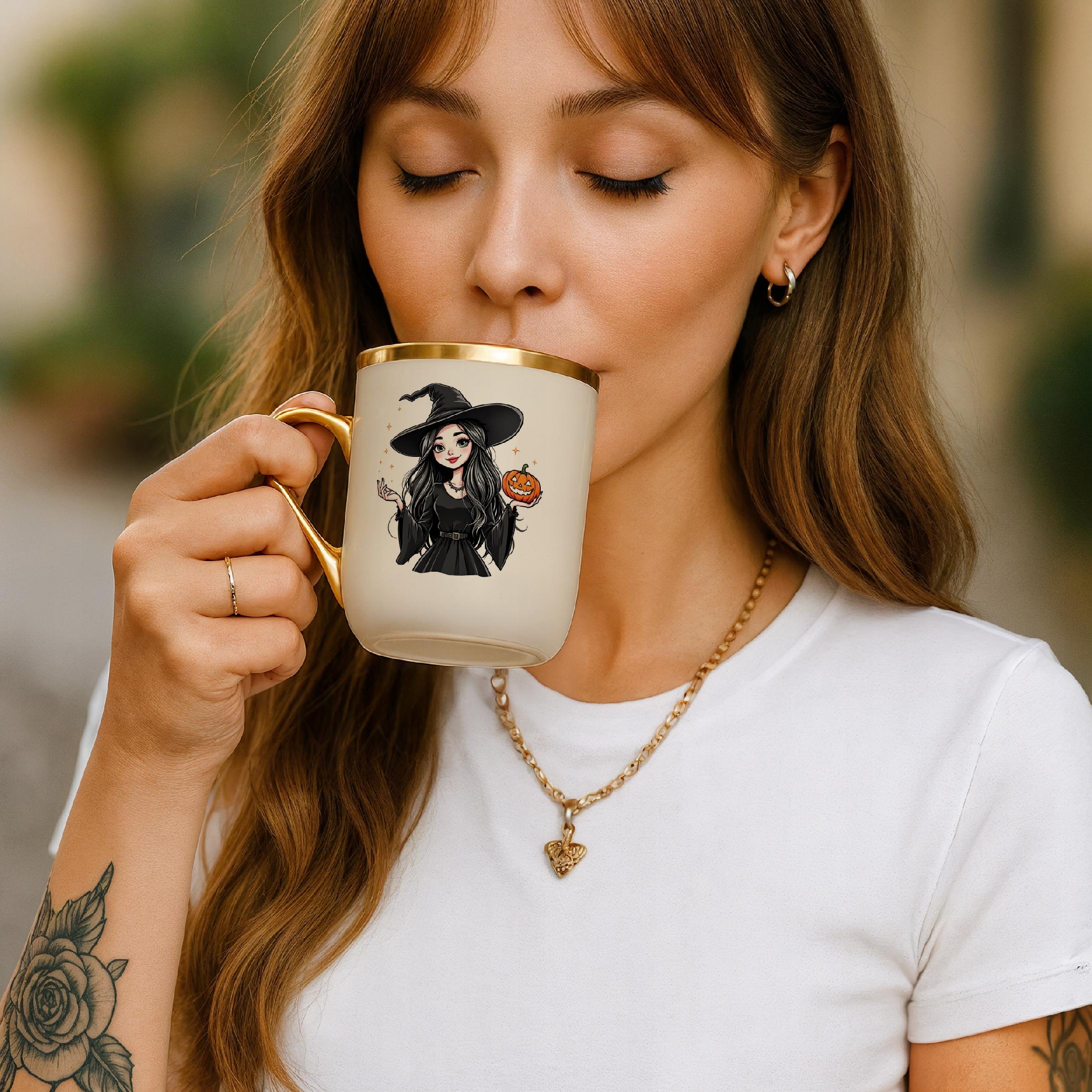 Kubek Premium Złoty Ecru Personalizowany Jesienny Piękna Wiedźma
