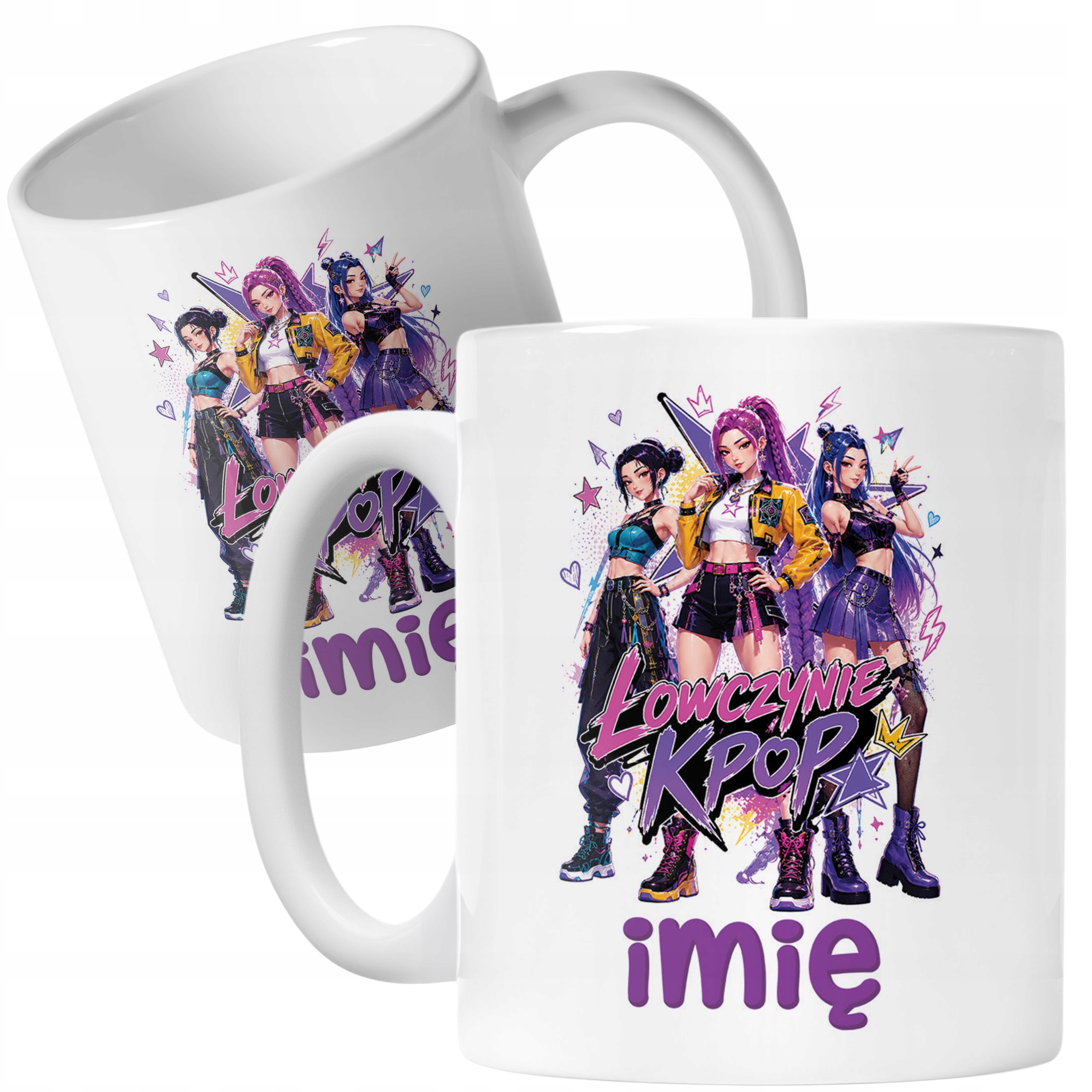 Biały Kubek z nadrukiem personalizowany ŁOWCZYNIE KPOP Dla Dzieci Prezent