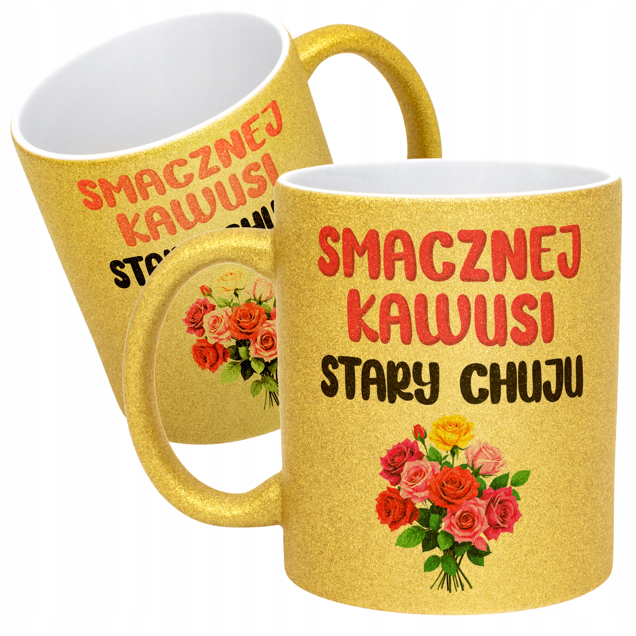 Złoty Kubek Brokatowy Smacznej Kawusi Stary Ch**u Zabawny Prezent