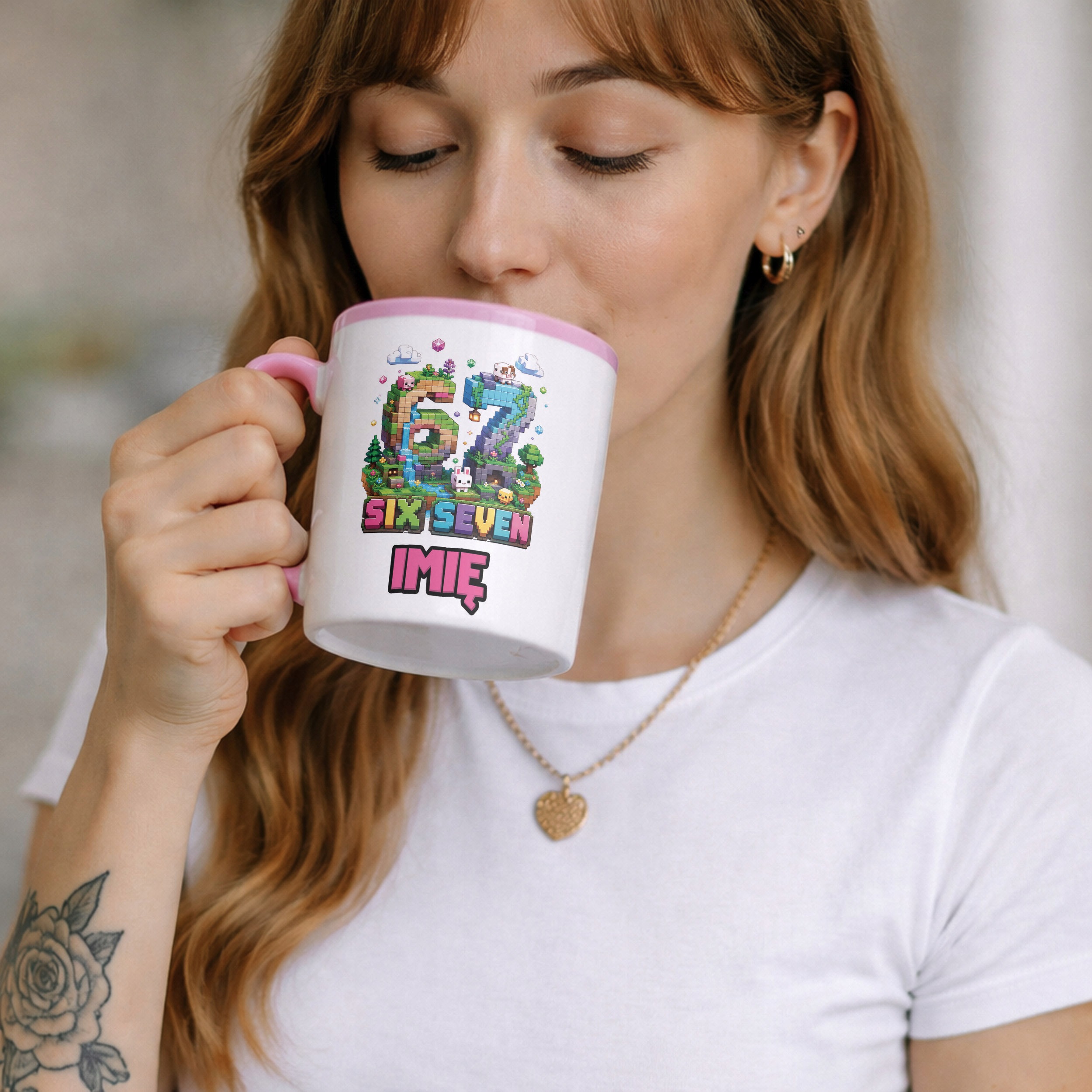 Zestaw Personalizowany Kubek Różowy Poduszka 67 Six Seven Prezent