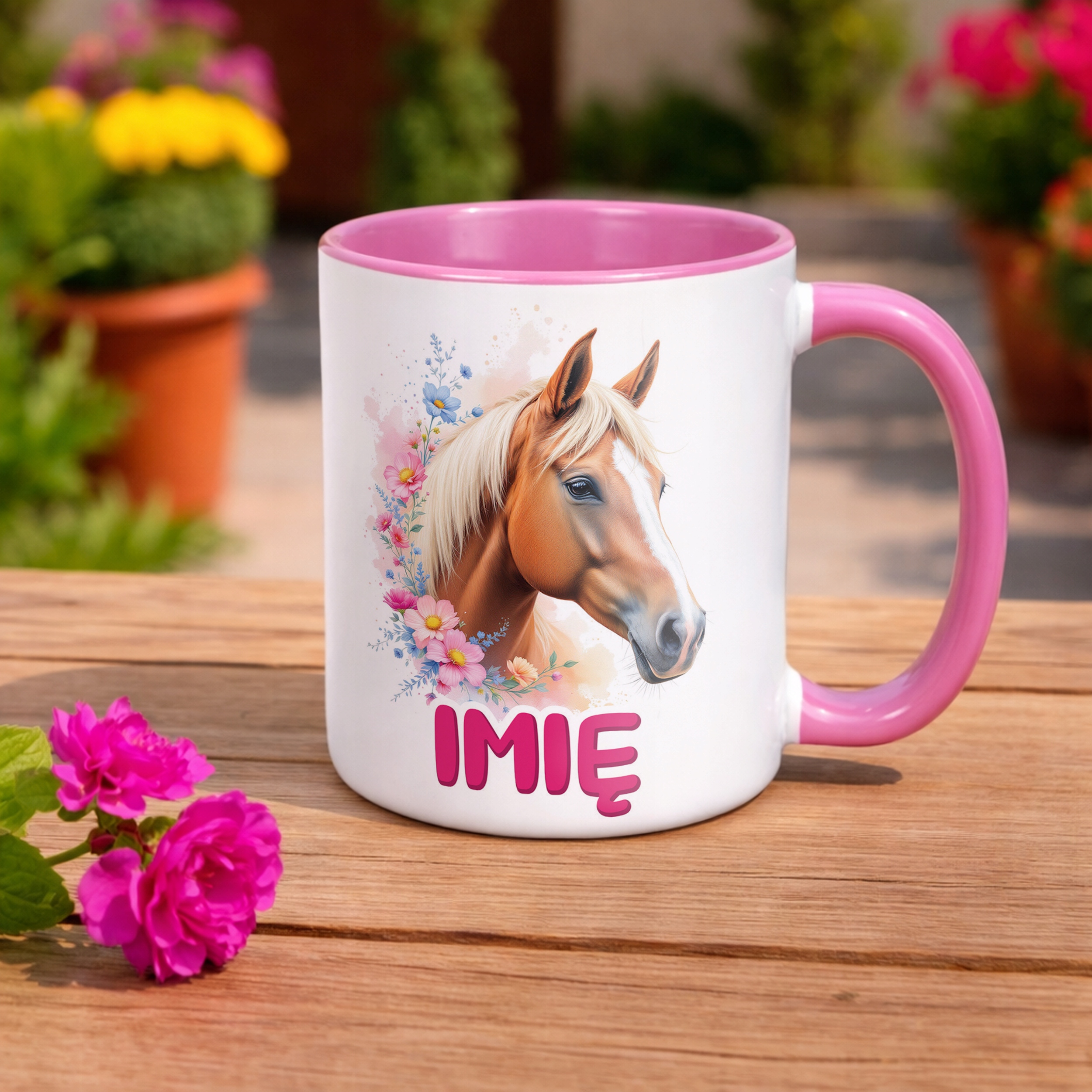 Kubek Różowy Personalizowany Z Koniem Koń Słodki Dla Dzieci