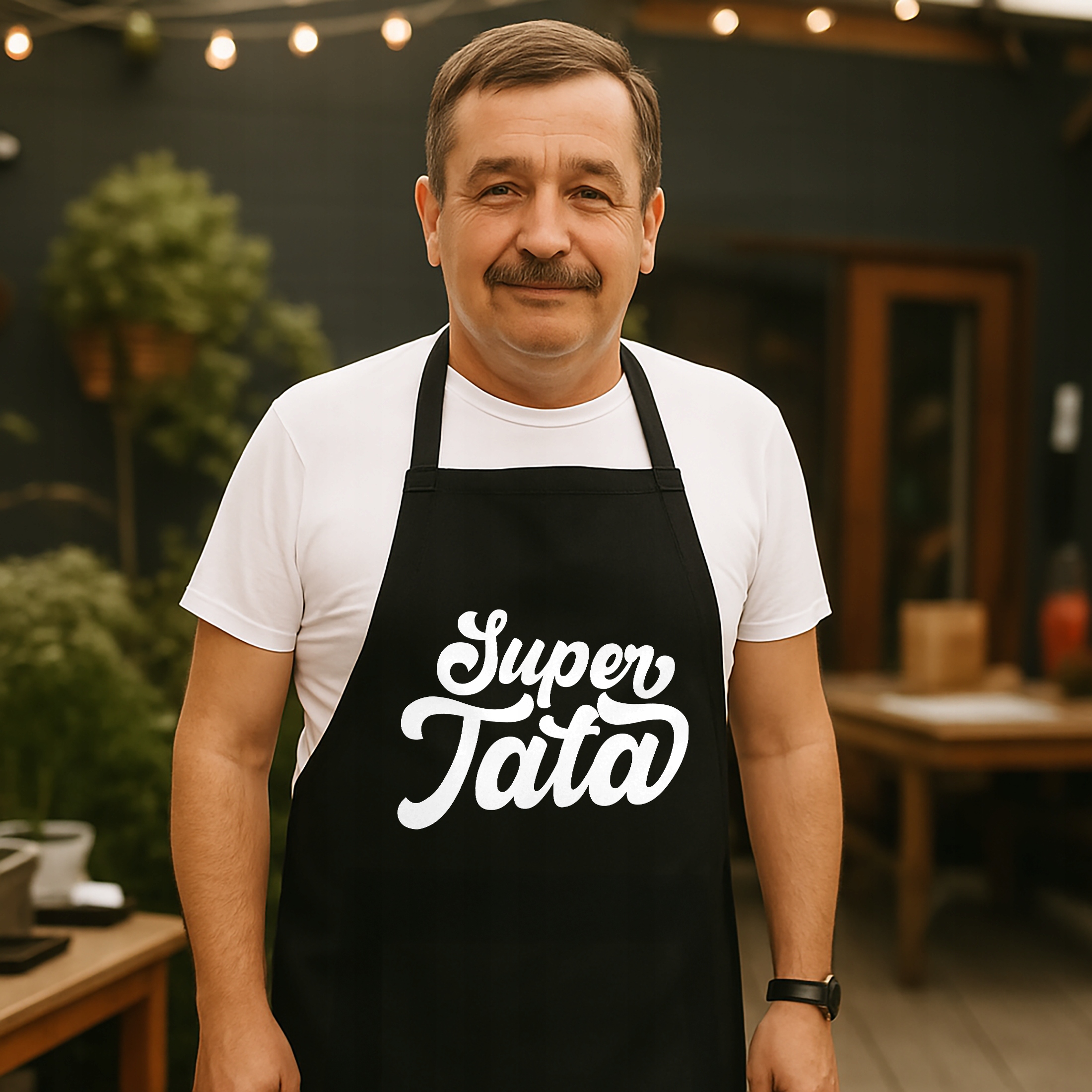 Bawełniany Czarny Fartuch Kuchenny Dzień Ojca Super Tata Z Nadrukiem