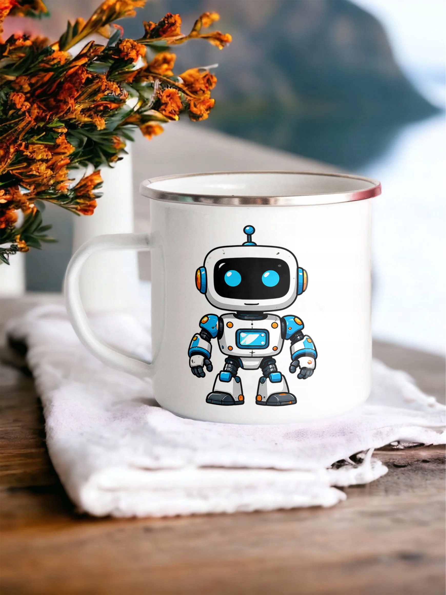 Kubek Emaliowany Robot z Nadrukiem Biały Metalowy Prezent