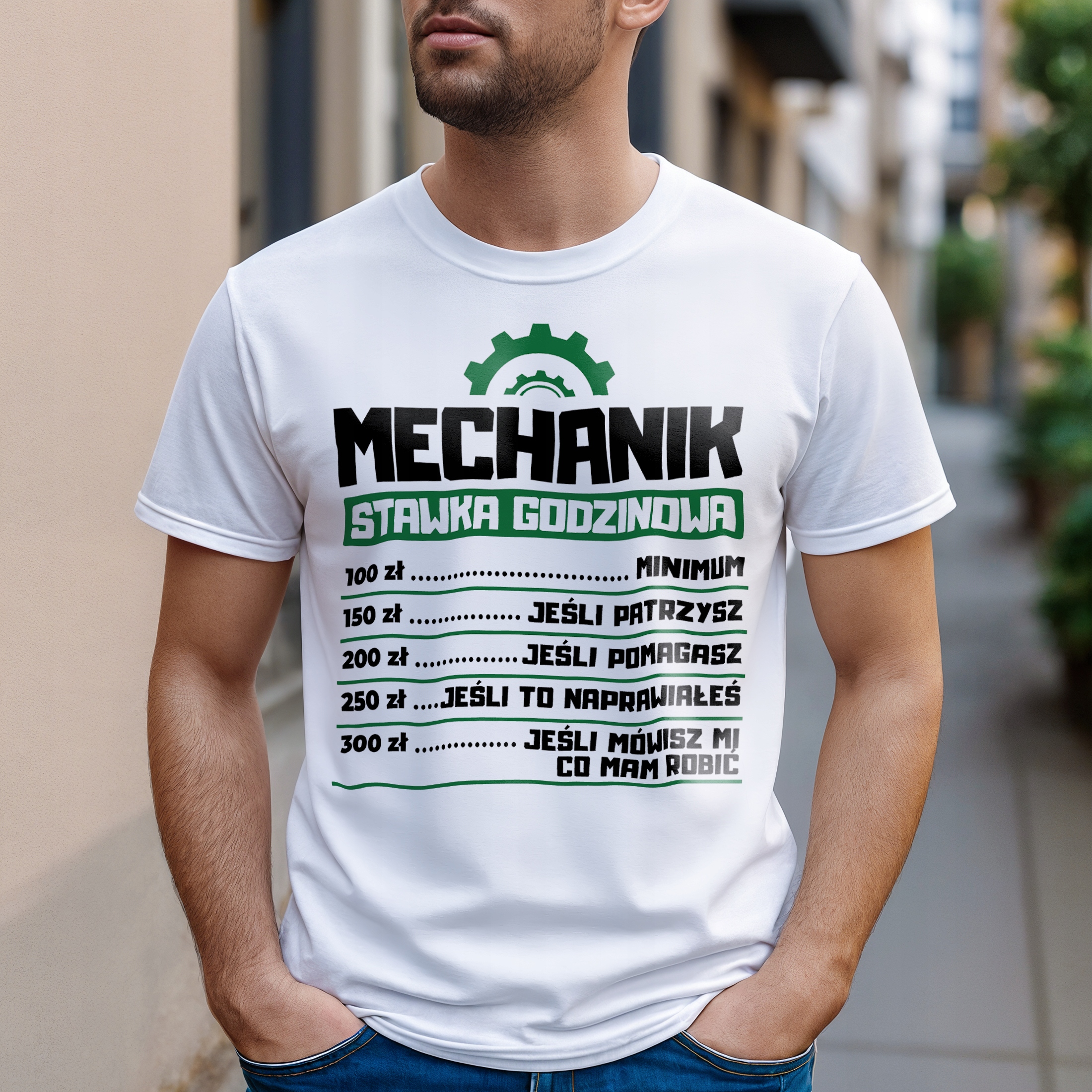 Koszulka biała męska Mechanik Stawka Godzinowa Prezent