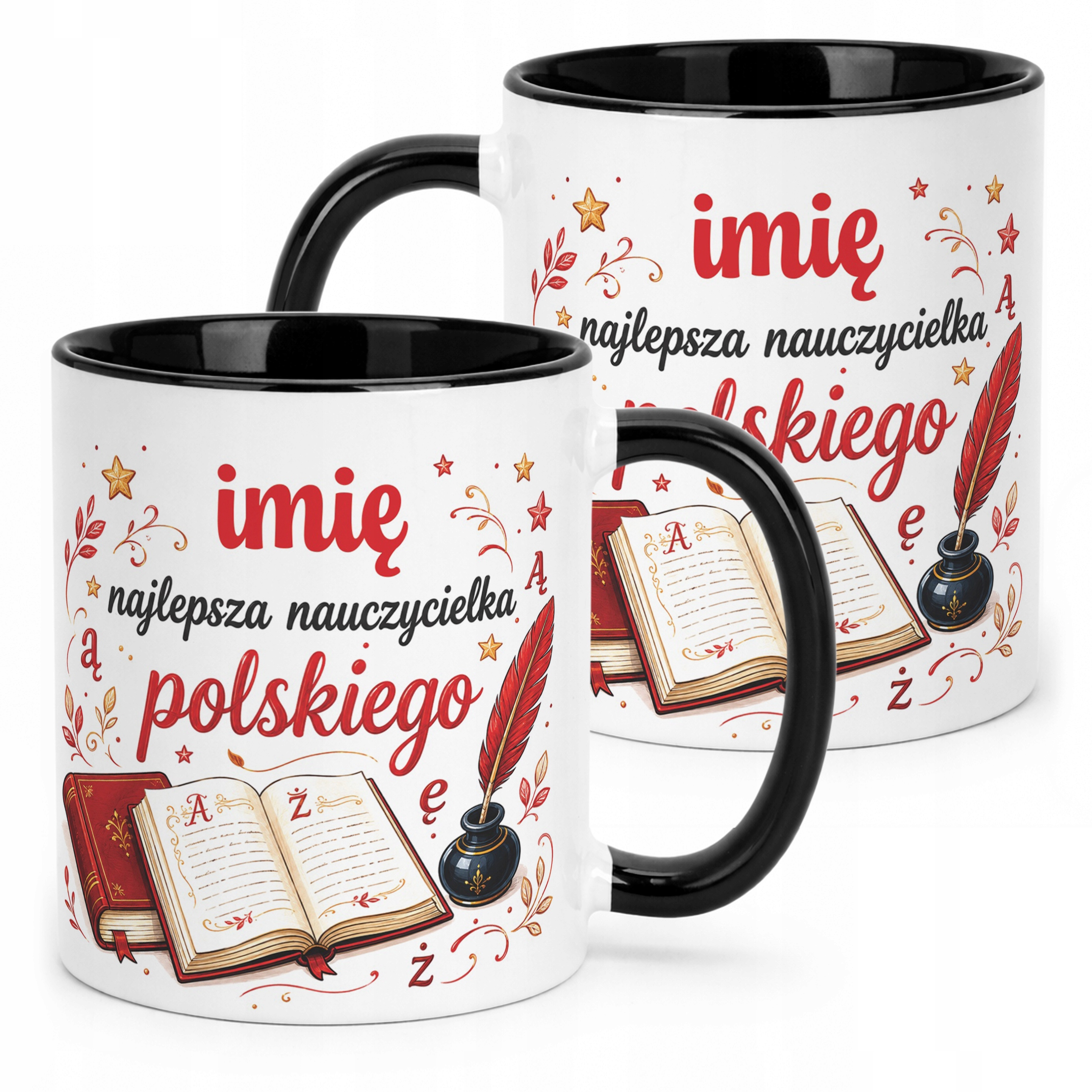 Kubek Czarny z Imieniem Dzień Nauczyciela Język Polski Prezent