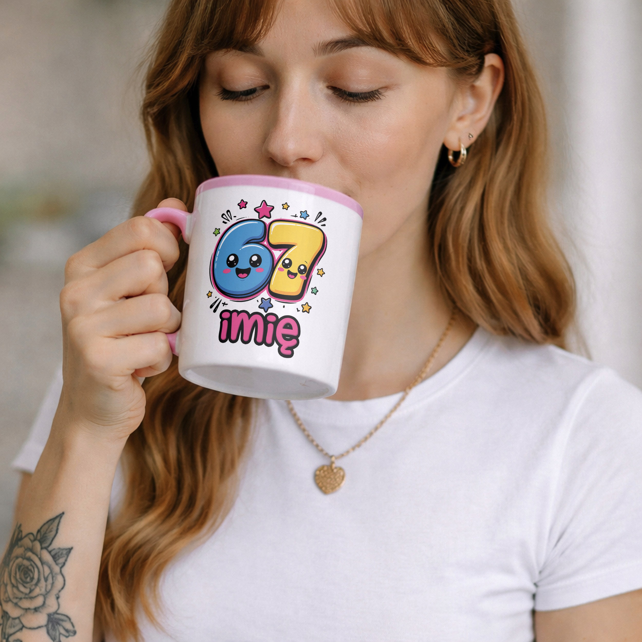 Zestaw Personalizowany Kubek Różowy Poduszka 67 Six Seven Prezent