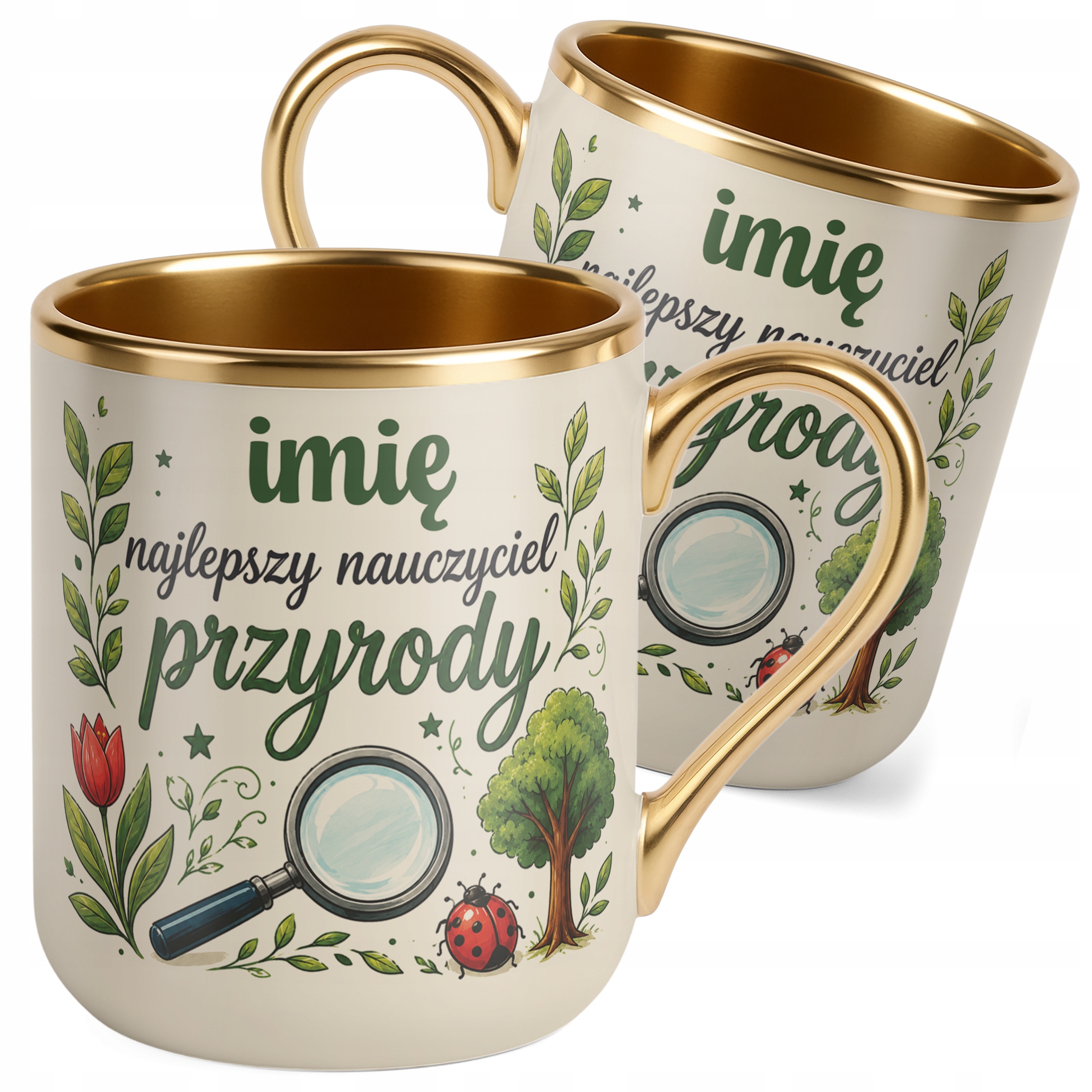 Kubek Premium Złoty Ecru z Imieniem Dzień Nauczyciela Przyroda Prezent