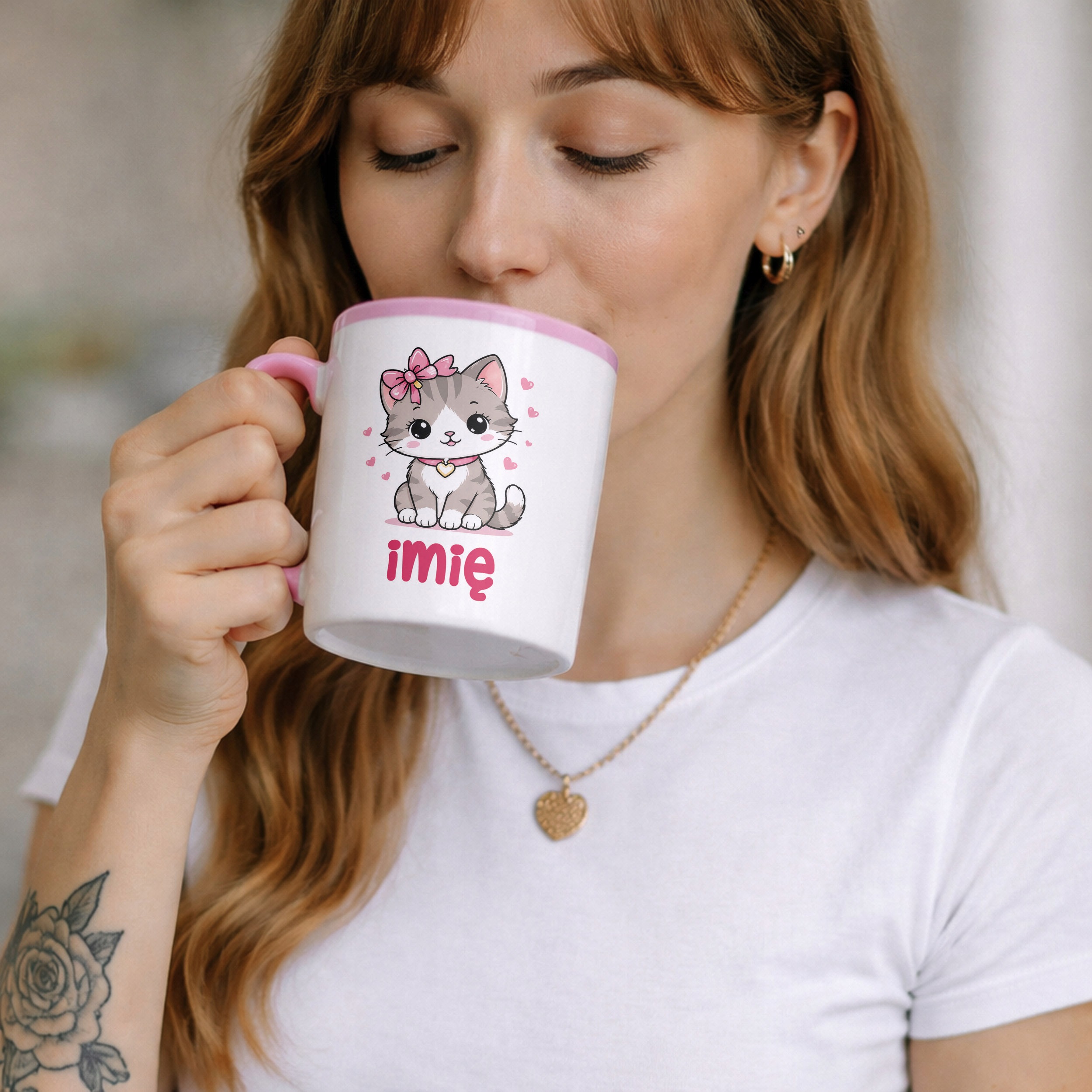 Zestaw Personalizowany Kubek Różowy Poduszka Kotek Prezent
